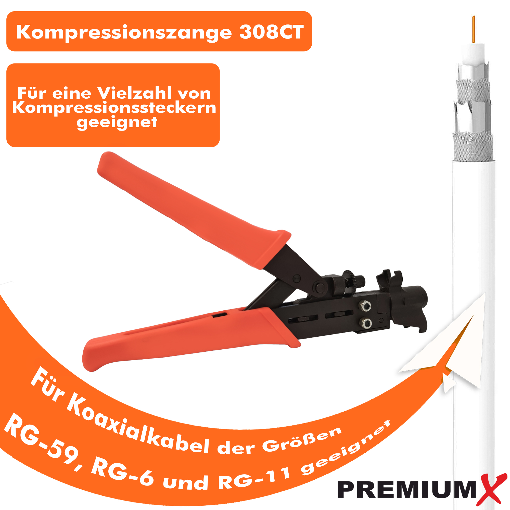Crimpzange mit orangefarbenen Griffen und einem weißen Koaxialkabel.