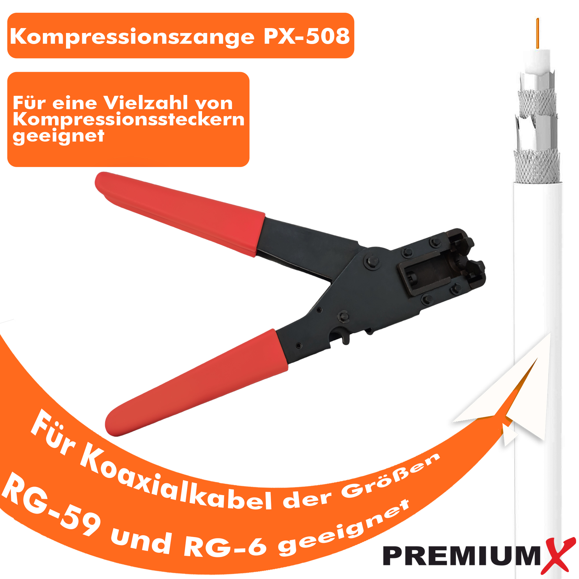 Crimpzange mit roten Griffen und deutschem Text.