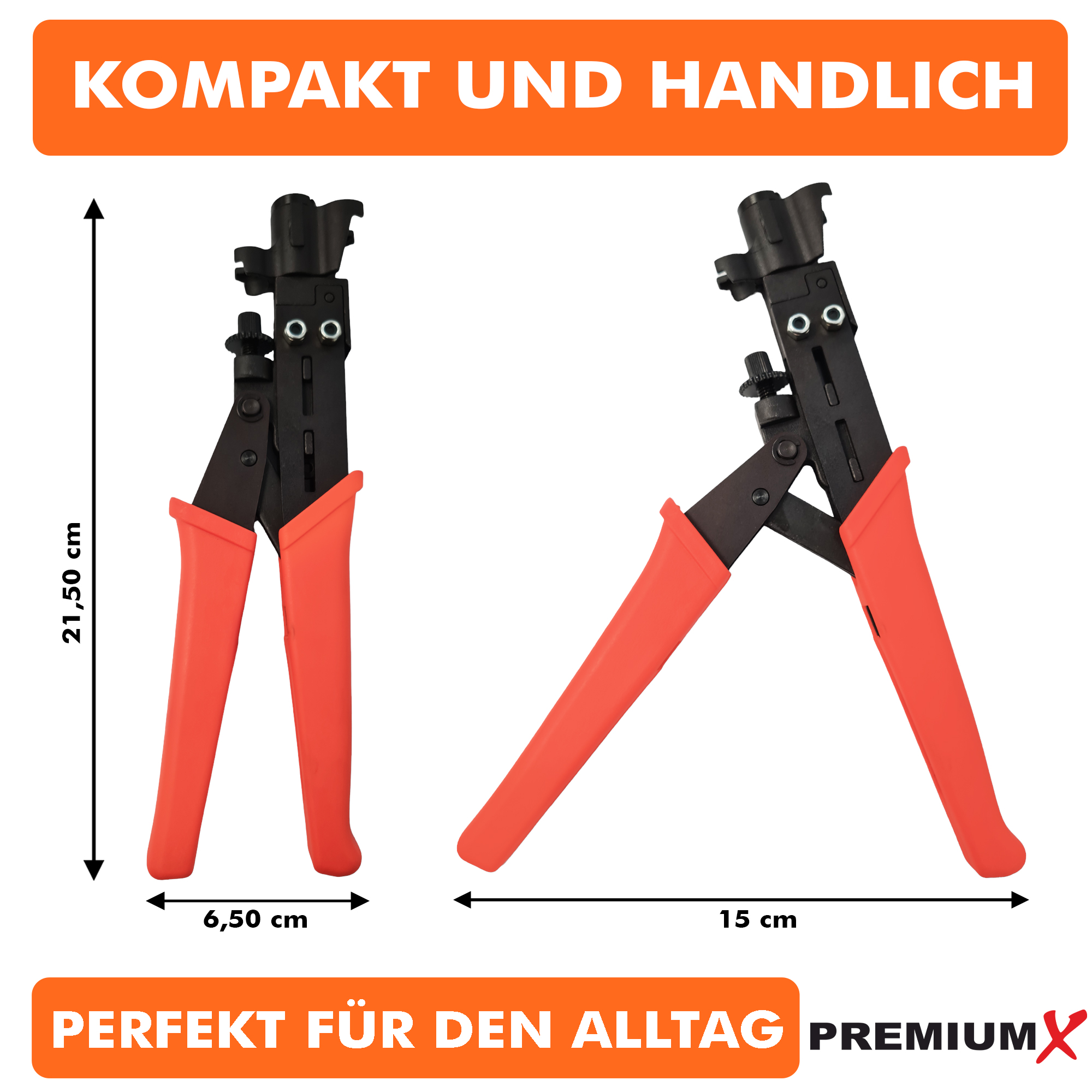 Zwei Crimpzangen mit roten Griffen, mit Abmessungen beschriftet, vor weißem Hintergrund. Text: Kompakt und handlich.