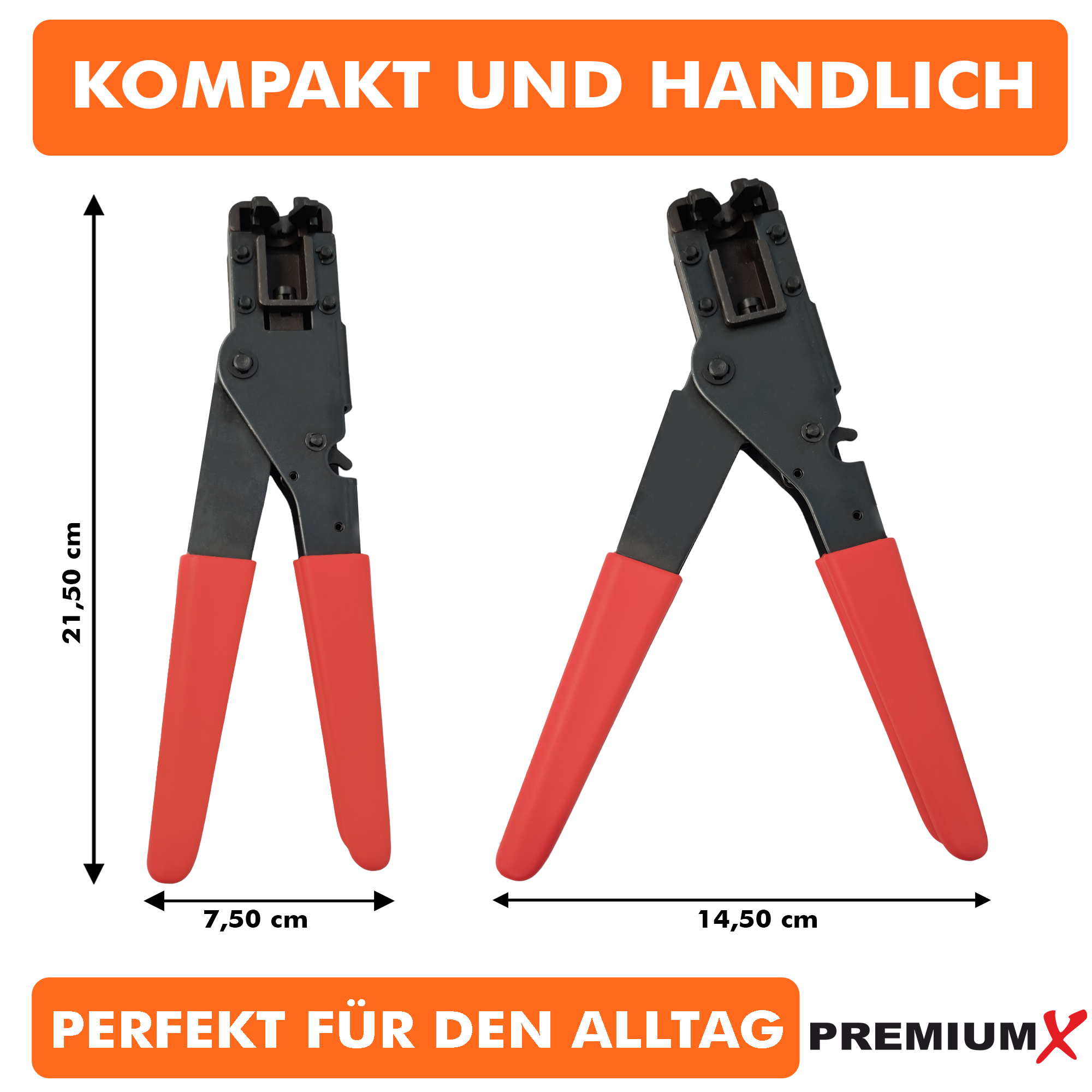 Zwei Crimpzangen mit roten Griffen, beschriftet mit Abmessungen. Sie sind auf weißem Hintergrund.