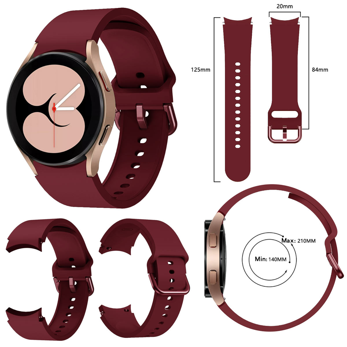 Bordeauxfarbene Smartwatch mit goldenem Rahmen und Armband. Diagramm vom Armband.