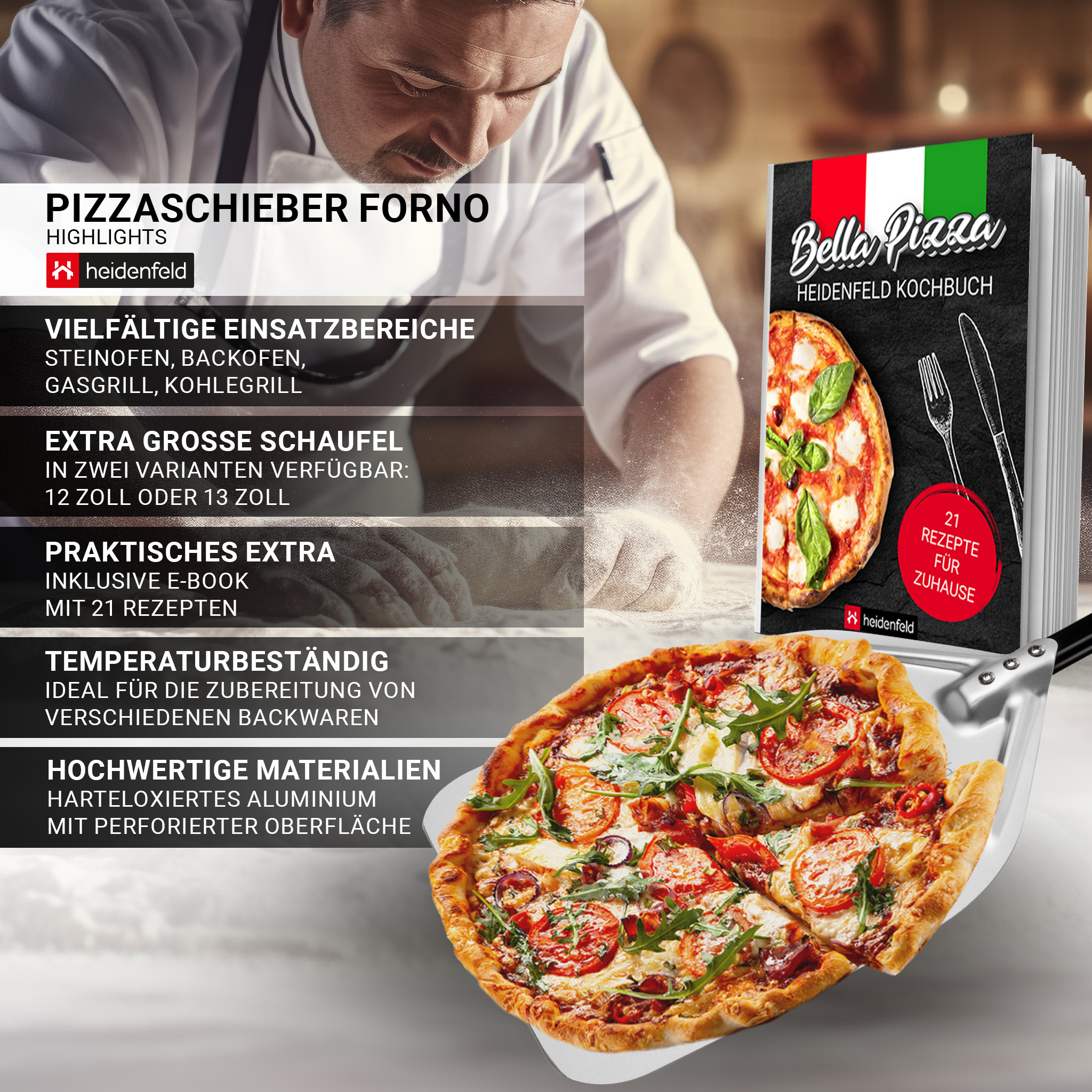 Eine Pizza auf einem Pizzaschieber mit einem Kochbuch. Text hebt Merkmale hervor: extra großer Schaufel, 21 Rezepte.