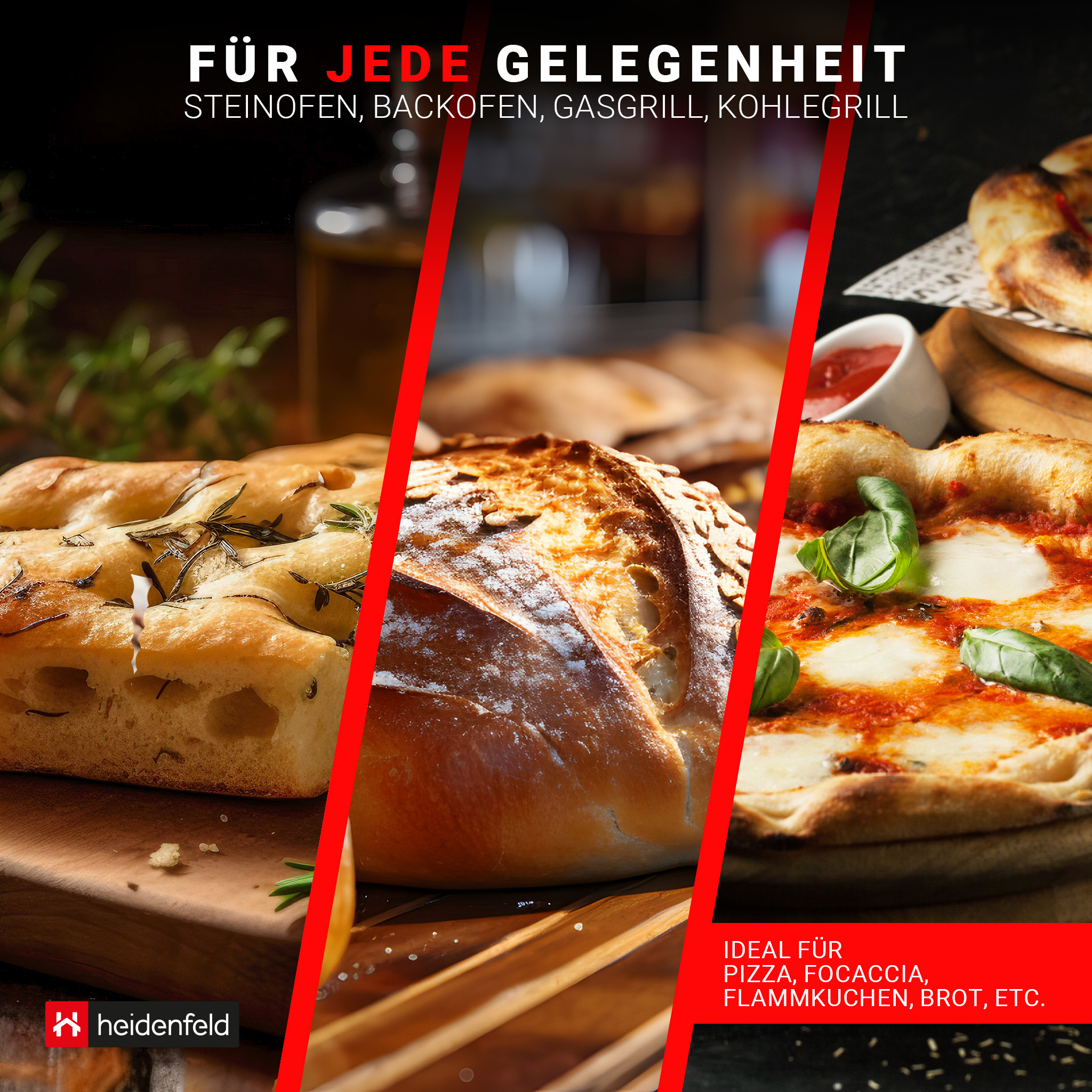 Drei Arten von Brot und Pizza sind in diesem Bild, mit dem Text 'Für jede Gelegenheit'.