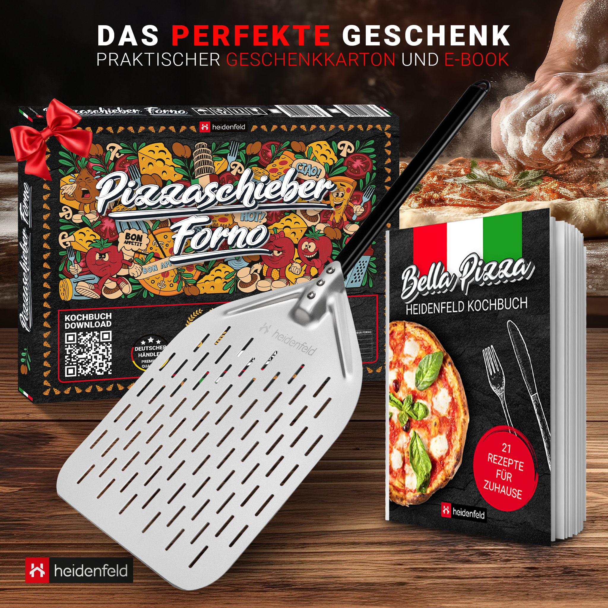 Pizzaofen-Set mit Pizzaschieber und Kochbuch mit den Worten Bella Pizza.