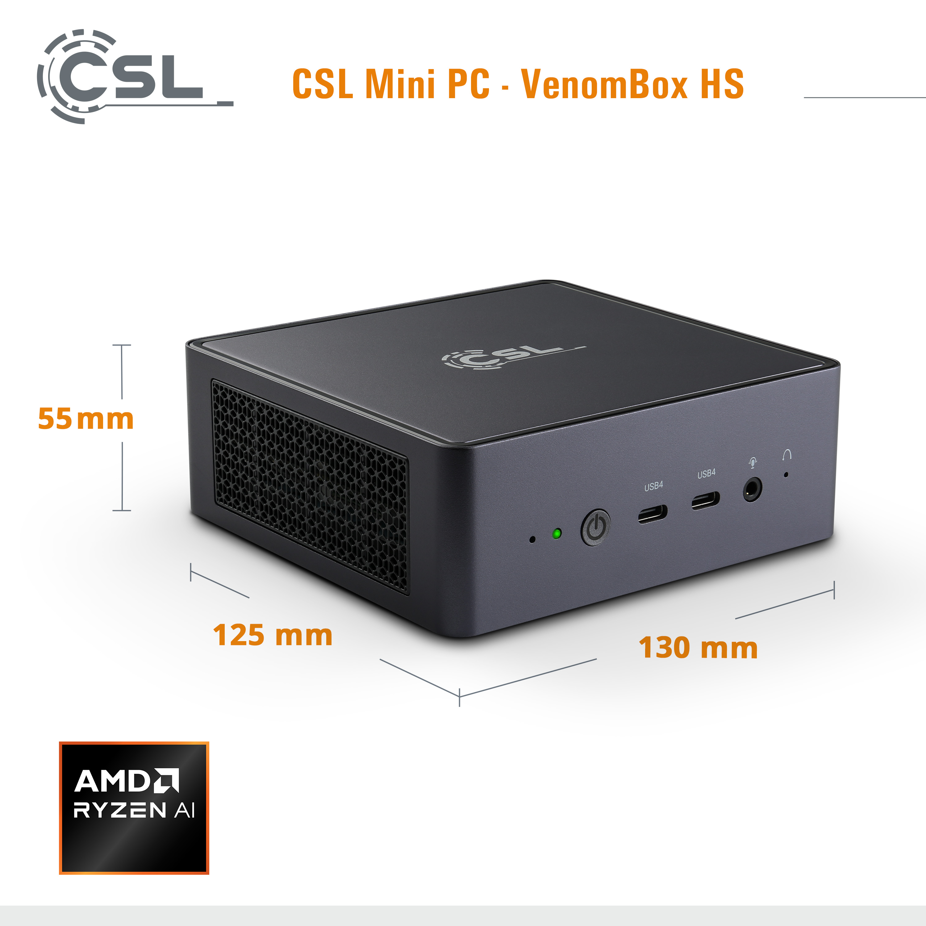 Kleiner schwarzer Computer mit beschrifteten Abmessungen: 125 mm x 130 mm x 55 mm. AMD Ryzen AI- und CSL-Logos sind vorhanden.