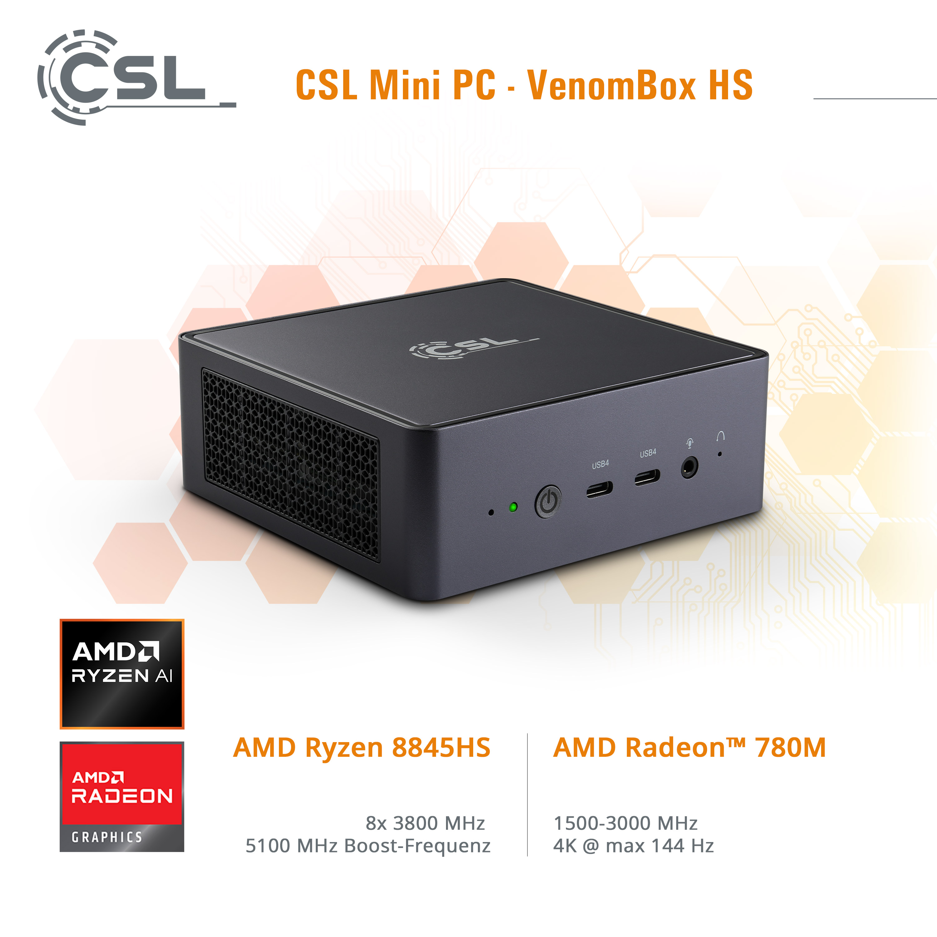 Kleiner, schwarzer CSL Mini-PC mit AMD Ryzen- und Radeon-Logos und Spezifikationen, auf weißem Grund.