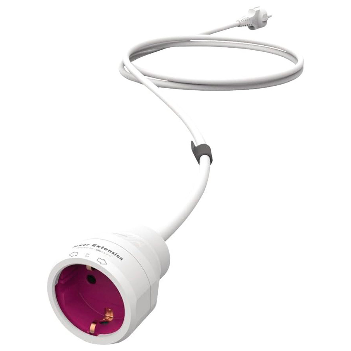 Cable de extensión blanco con un enchufe en un extremo y un enchufe en el otro. Interior rosa.