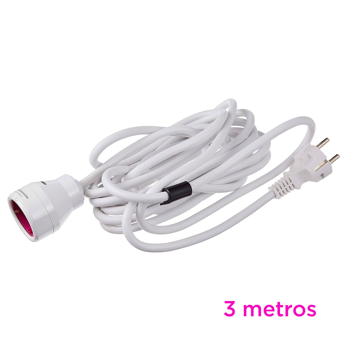 Cable de extensión blanco en espiral con enchufe y clavija, texto '3 metros'.