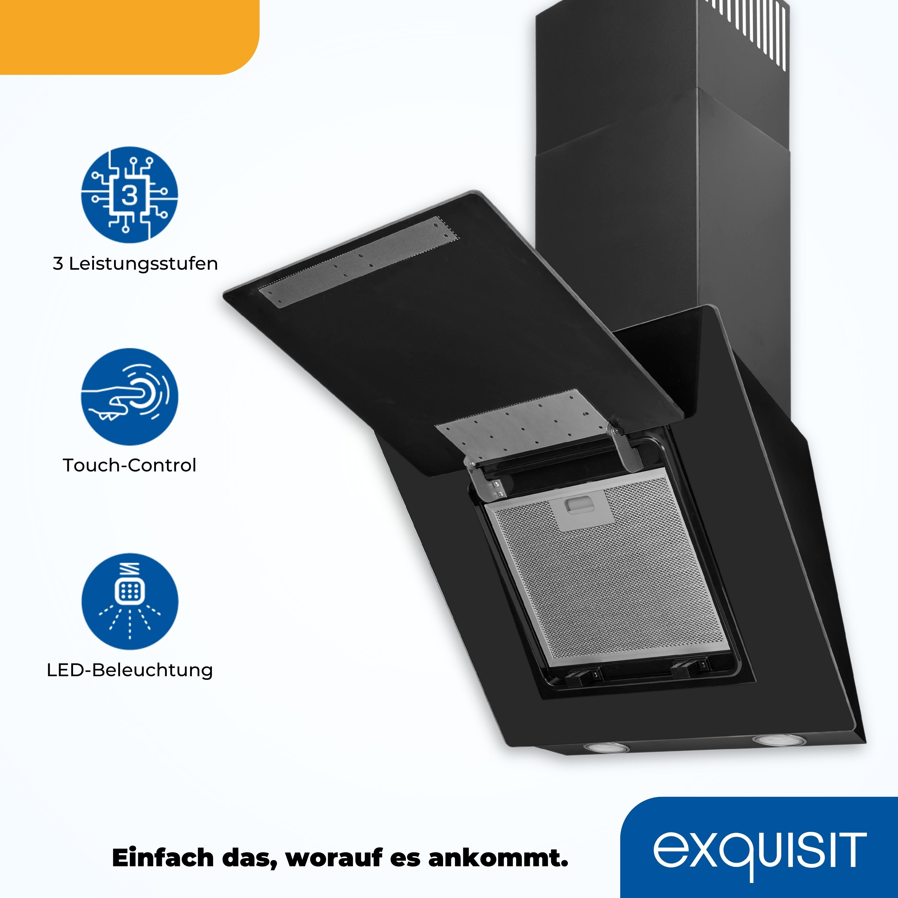 Campana extractora negra con panel abierto, filtros plateados e iconos con texto.