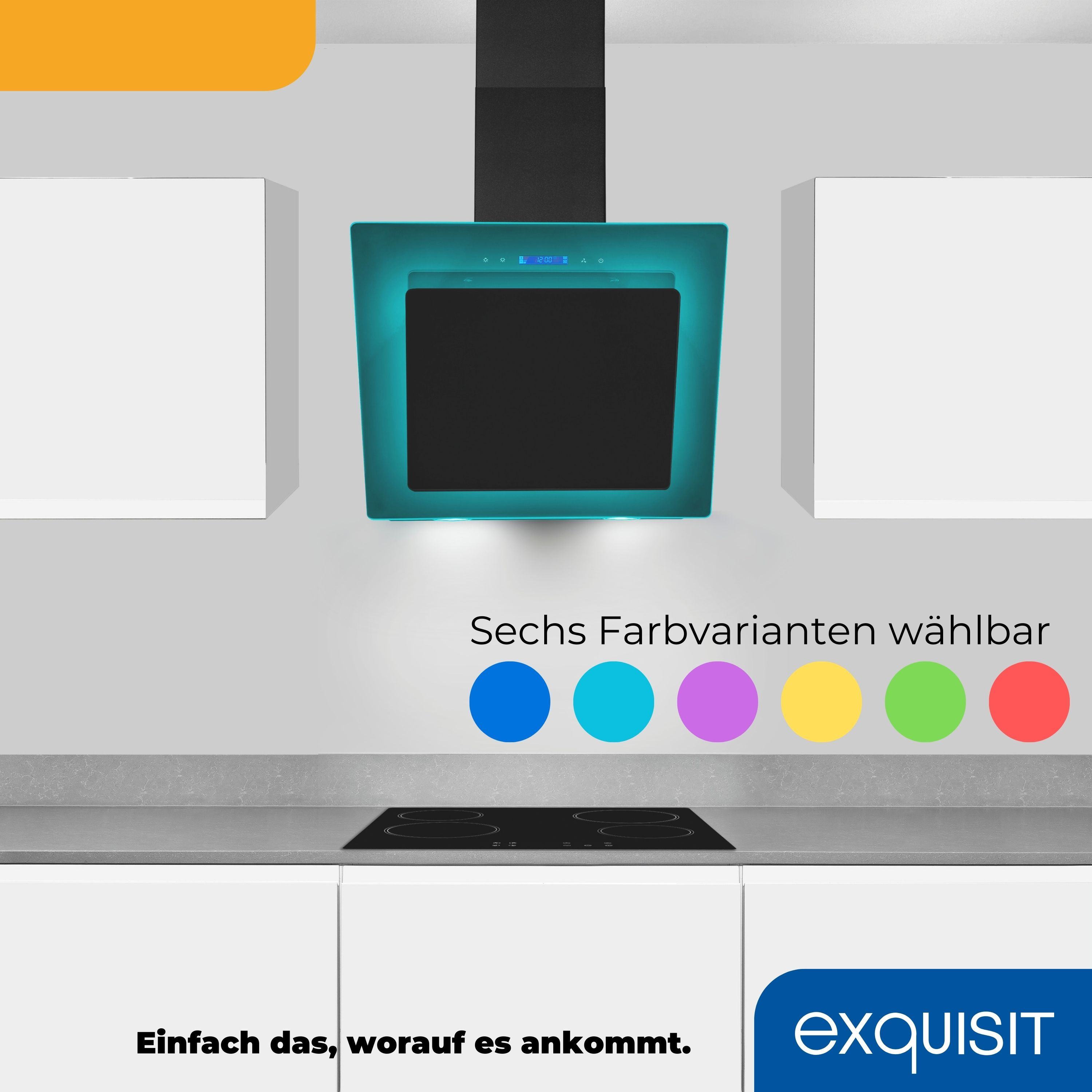 Campana de cocina con iluminación turquesa, con opciones de color. Armarios blancos, encimera negra, texto: logo Exquisit.