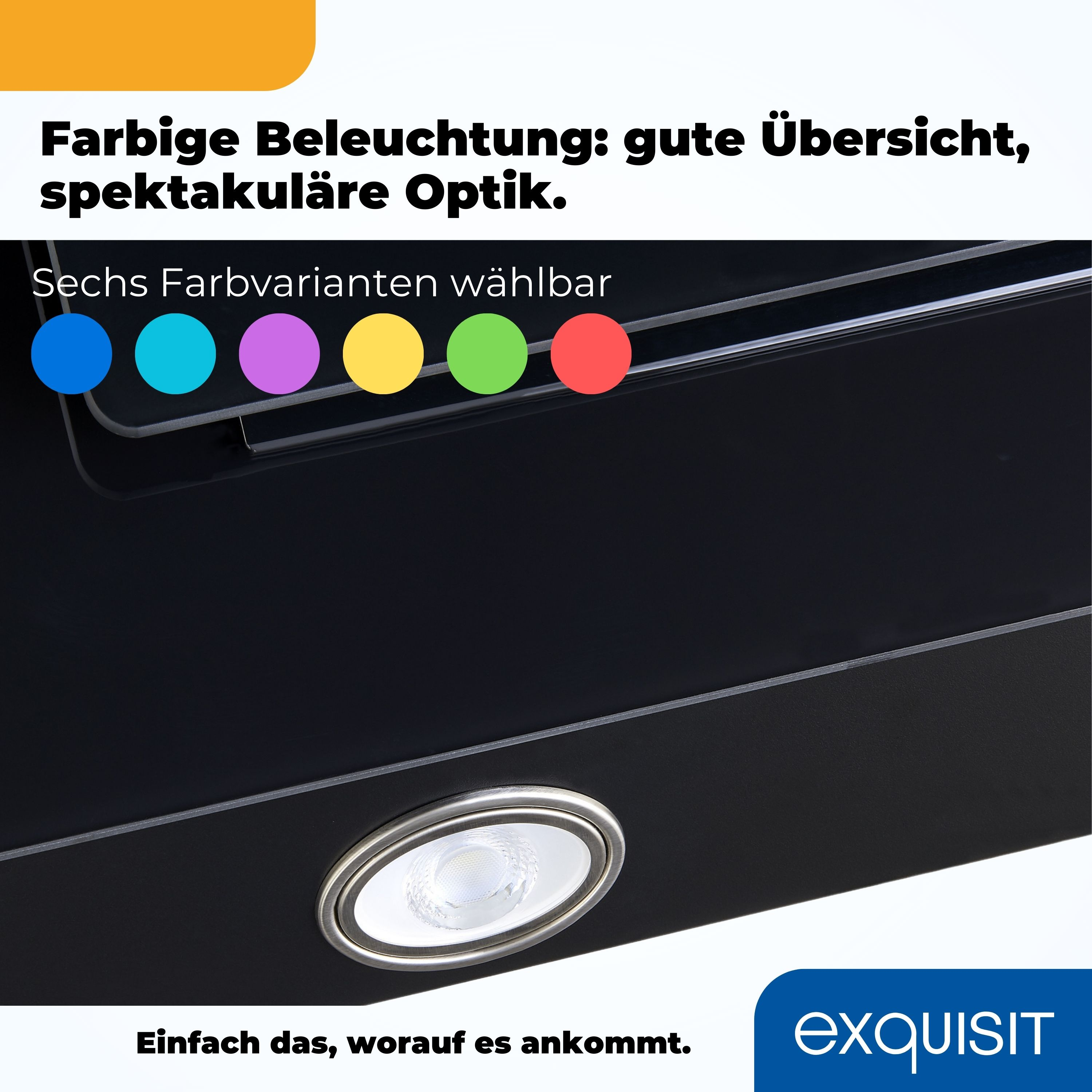 Una campana extractora negra con seis luces de colores. El nombre de la marca Exquisit está en la parte inferior.