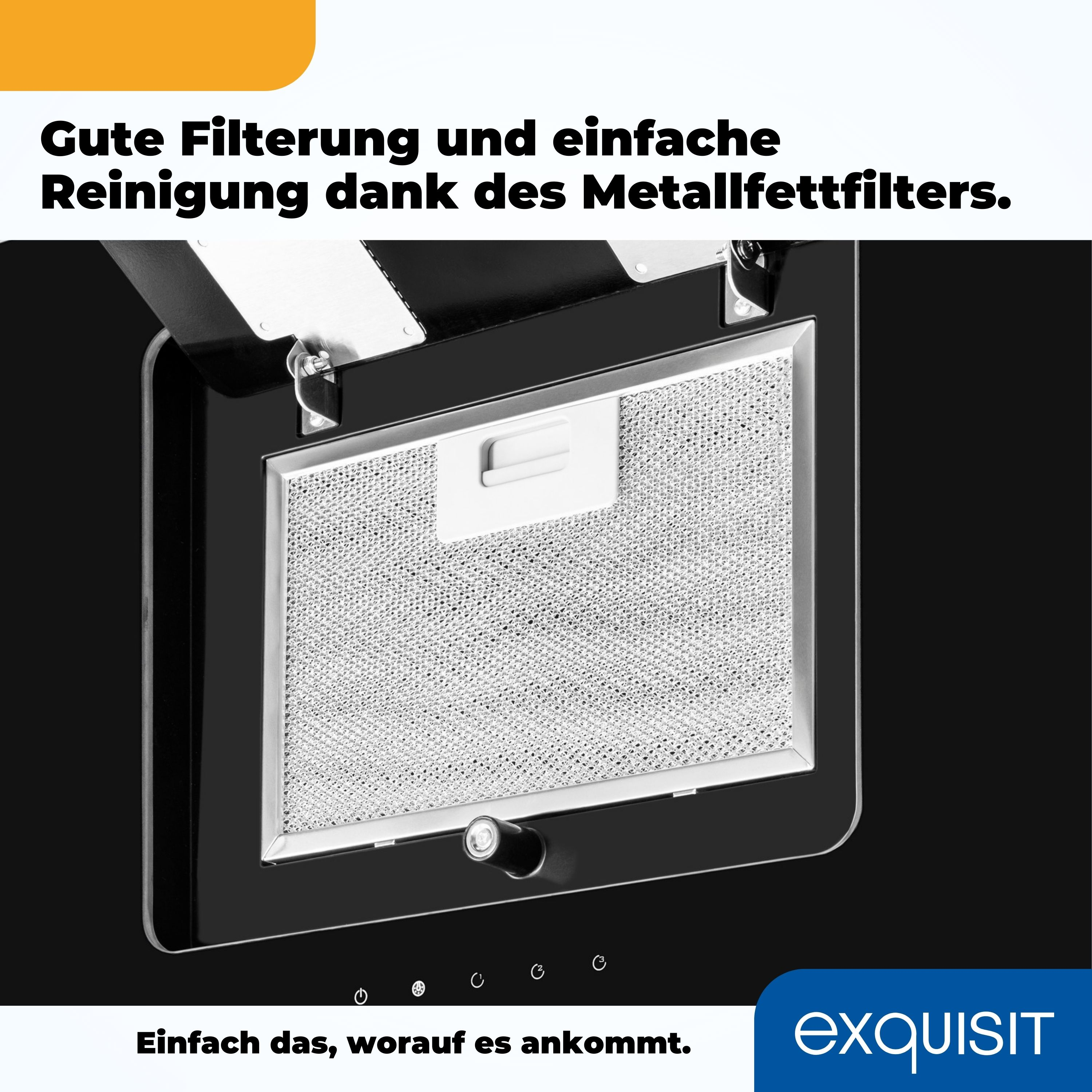 Eine schwarze Dunstabzugshaube mit Metallfilter und Bedienknöpfen. Der Text sagt: Einfache Reinigung.