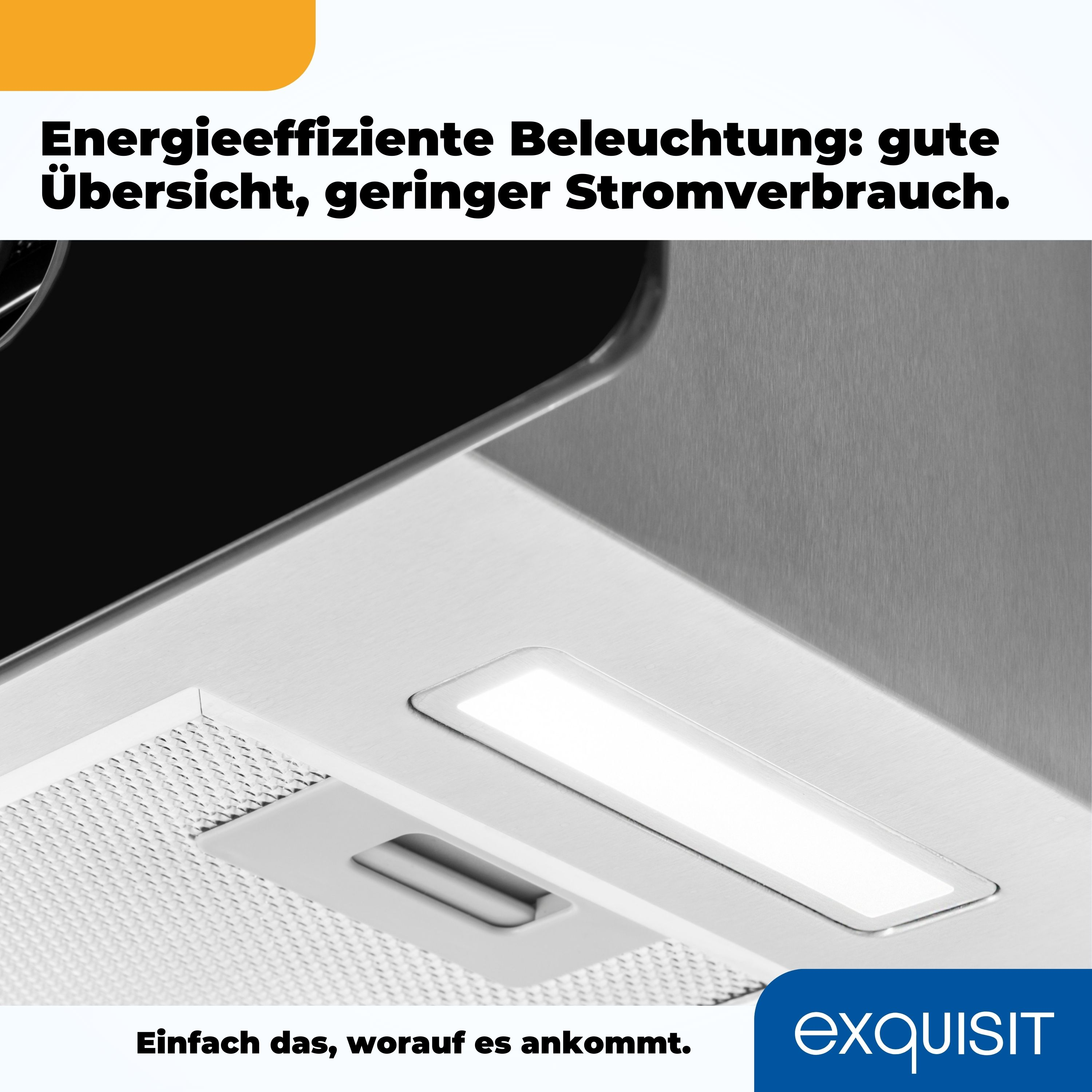 Nahaufnahme einer weißen Küchenhaube mit Licht. Text oben.