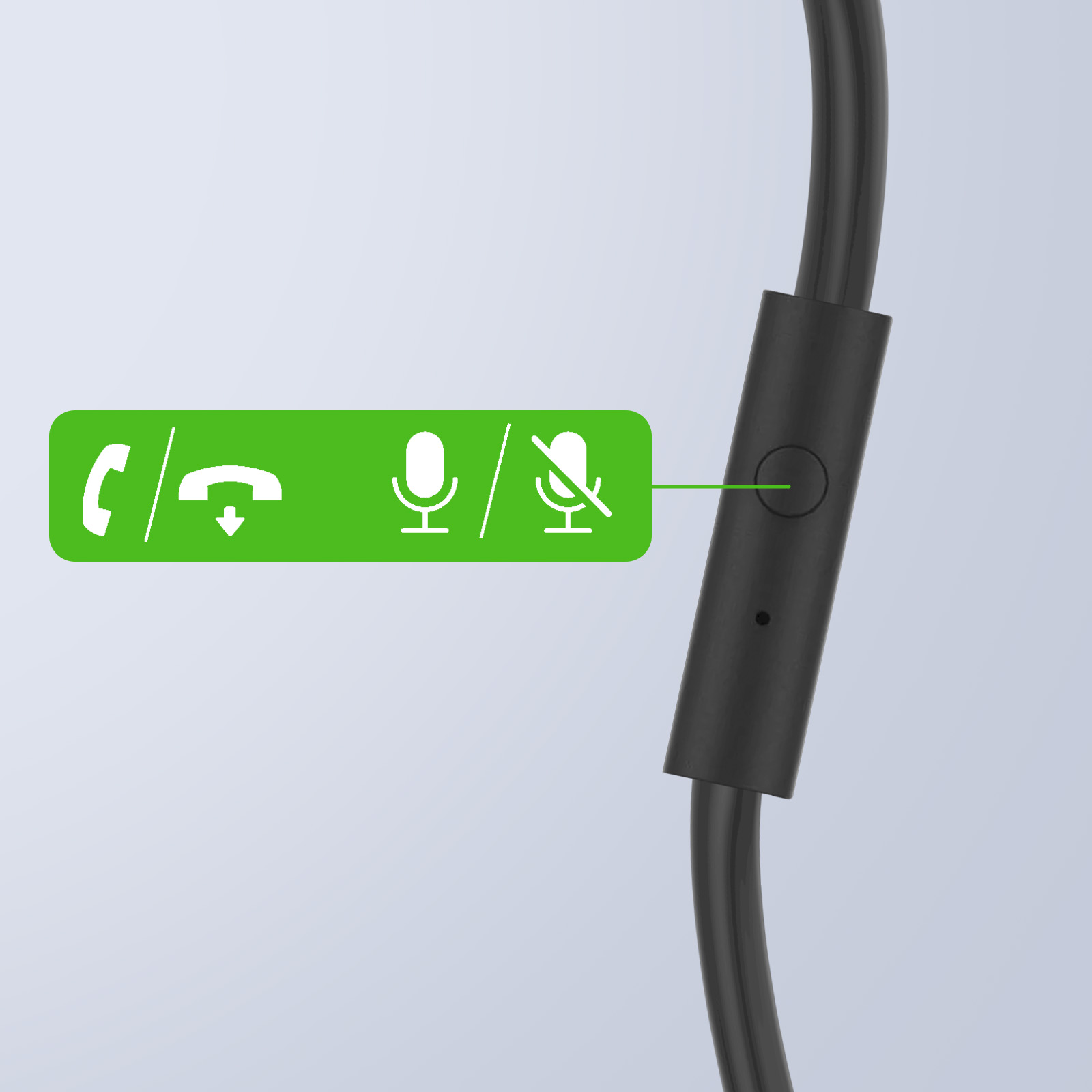 Czarny kabel słuchawkowy z panelem sterowania. Panel ma ikony połączeń i mikrofonu.