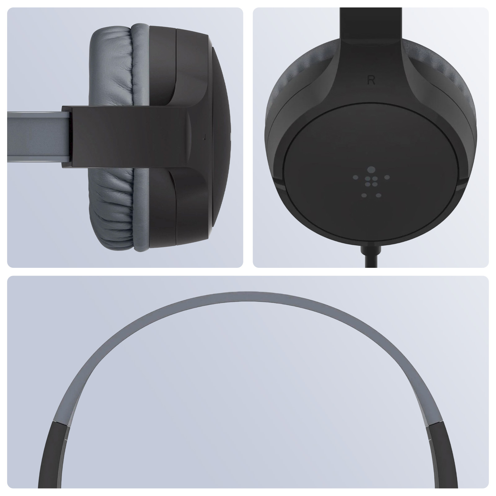 Trzy widoki czarnych słuchawek: bok, przód i góra. Pałąk jest szary.