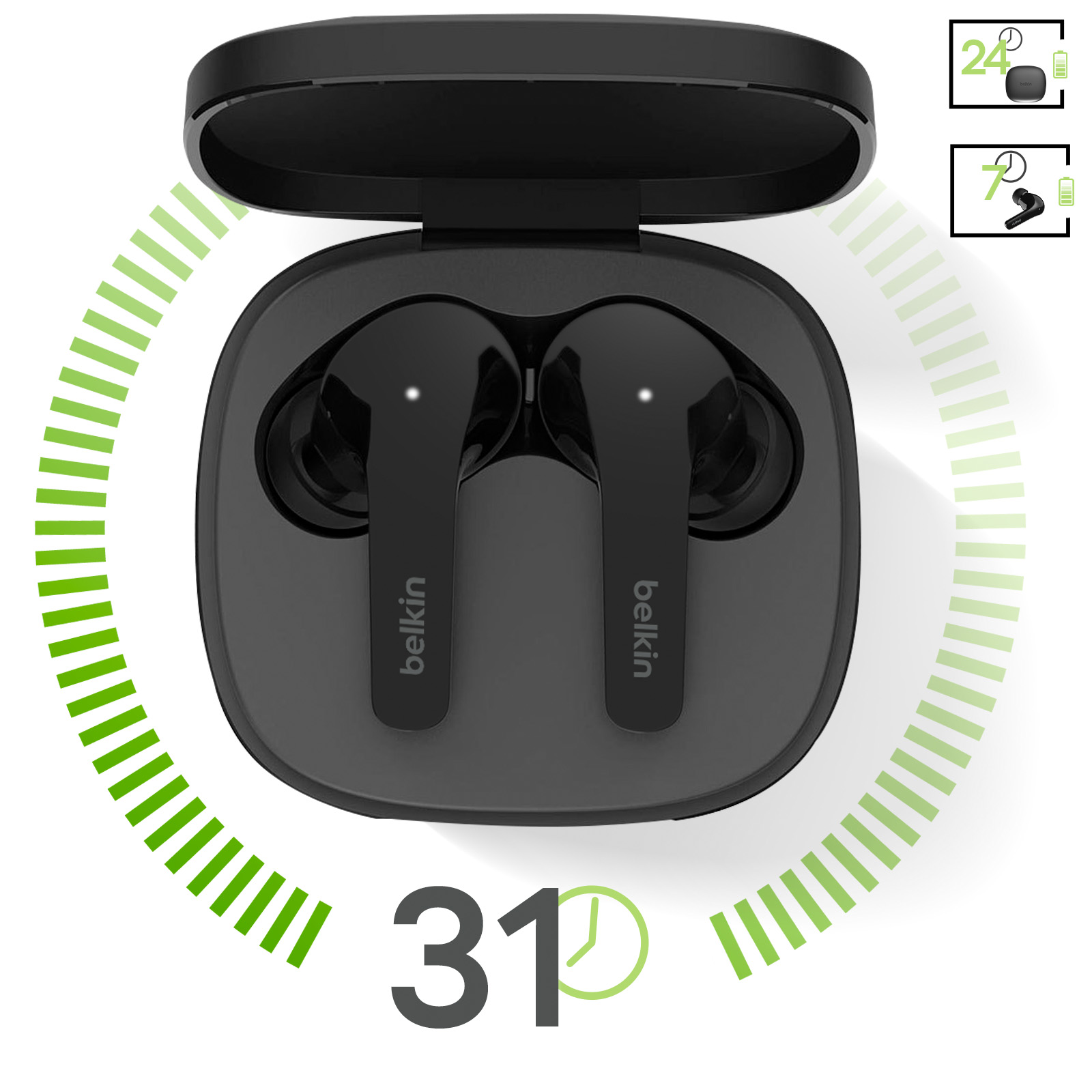 Auricolari Belkin neri in custodia di ricarica. Icone batteria mostrano livelli. Timer 31 minuti.
