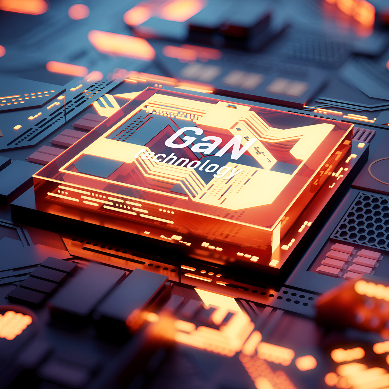 Zbliżenie płytki drukowanej z technologią GaN podświetloną pomarańczowym światłem.