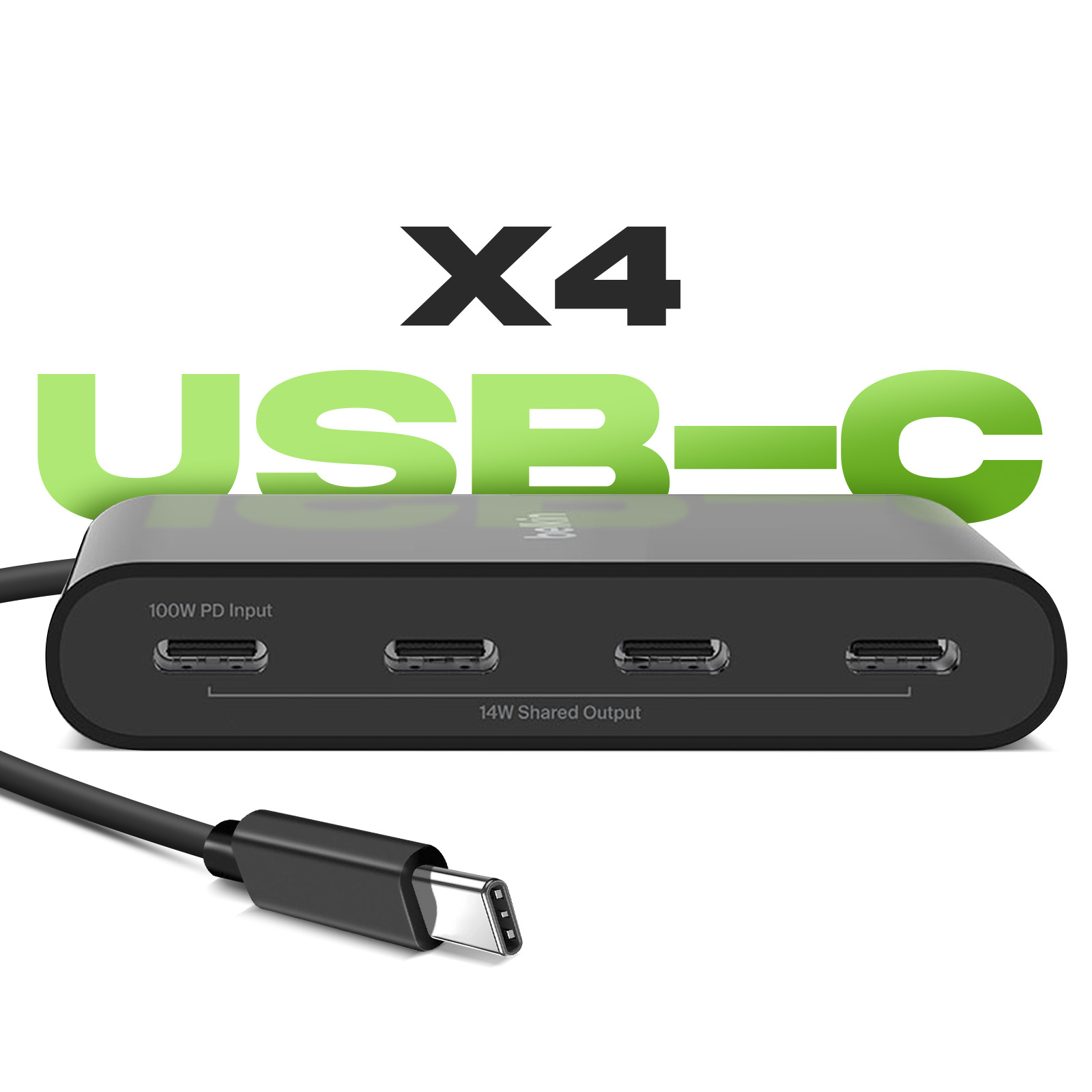 Hub USB-C nero con quattro porte e cavo. Testo: X4 USB-C.