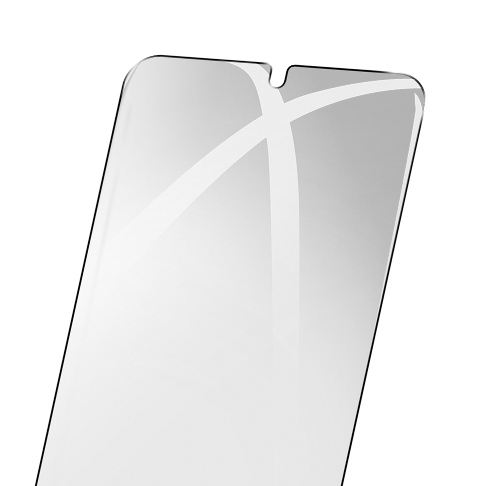 Un protector de pantalla claro y angulado sobre un fondo blanco. Tiene una muesca en la parte superior para la cámara frontal.
