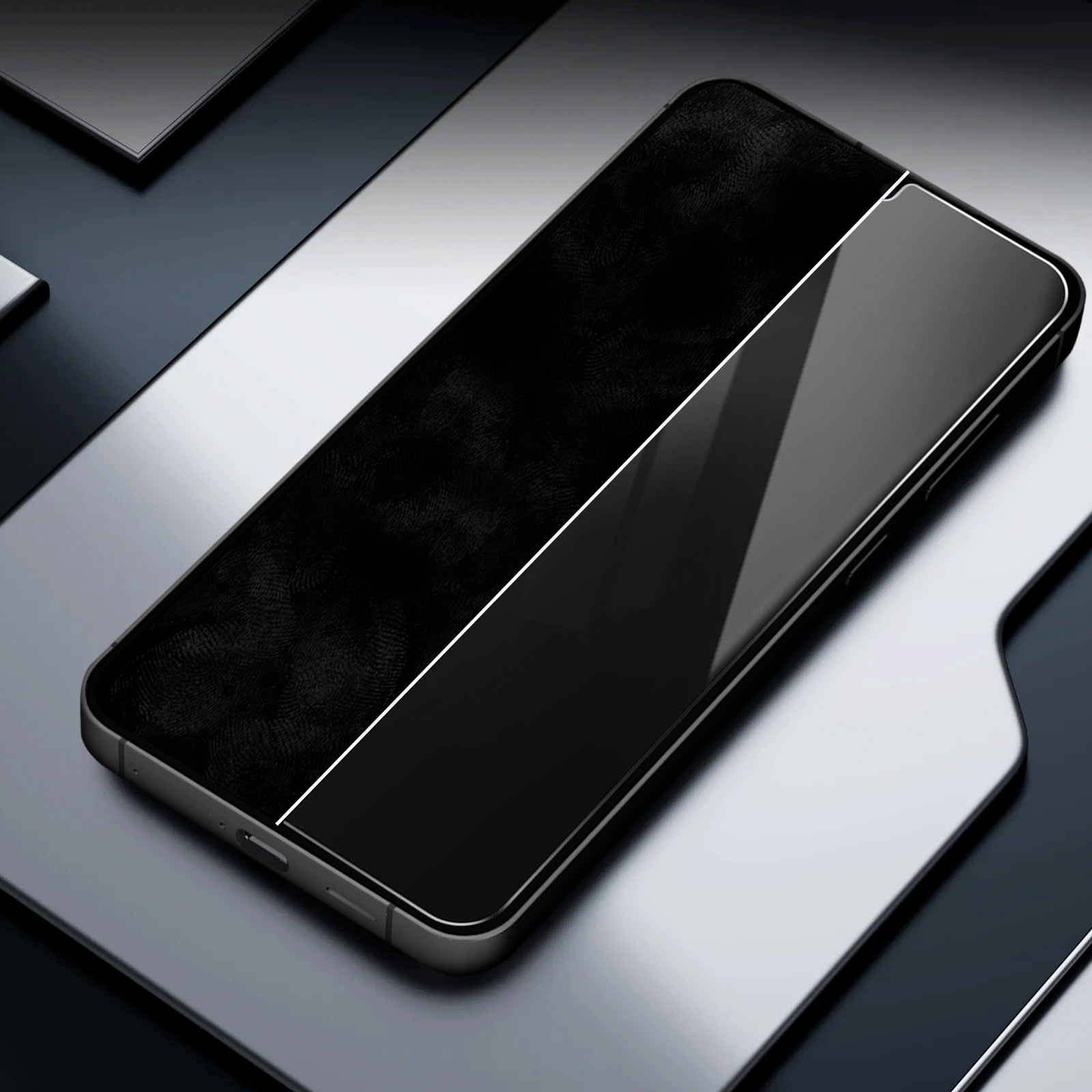 Un smartphone, dividido diagonalmente. Un lado muestra huellas dactilares, el otro es reflectante. Descansa sobre una superficie.