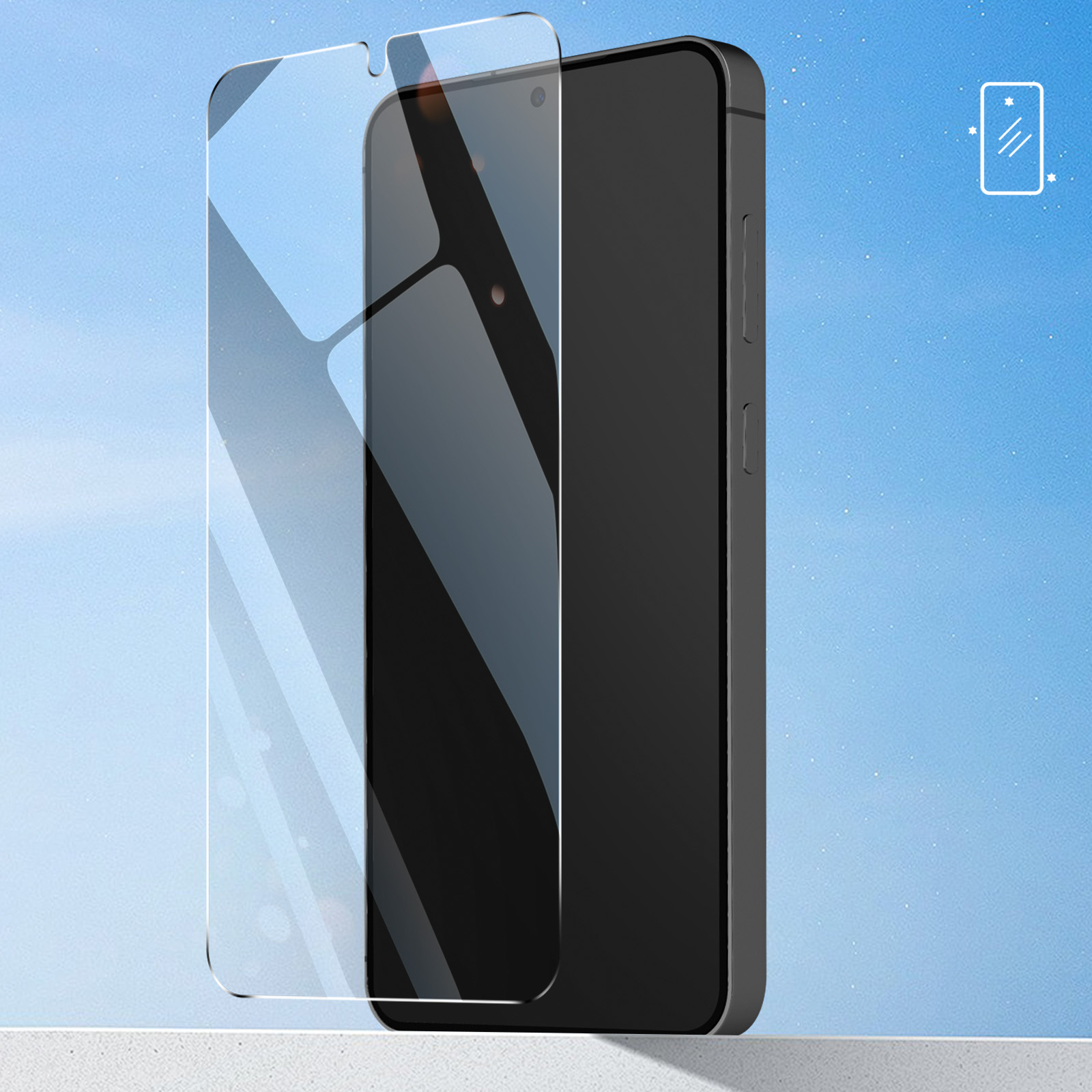Un smartphone negro con protector de pantalla. Se está aplicando el protector. El fondo es un cielo azul degradado.