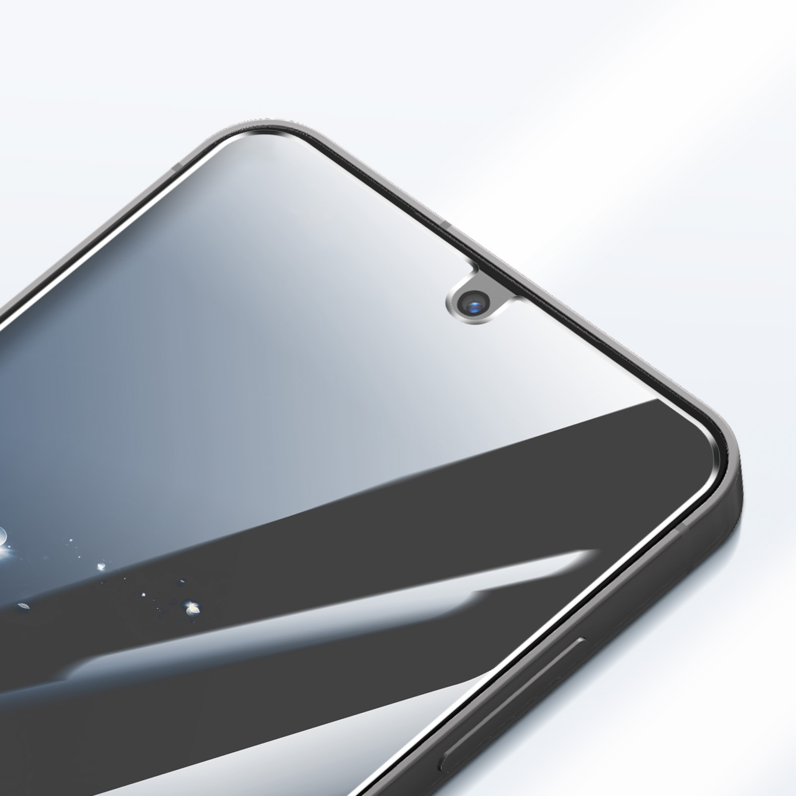 Zbliżenie ekranu telefonu z przednim aparatem i czarną ramką.