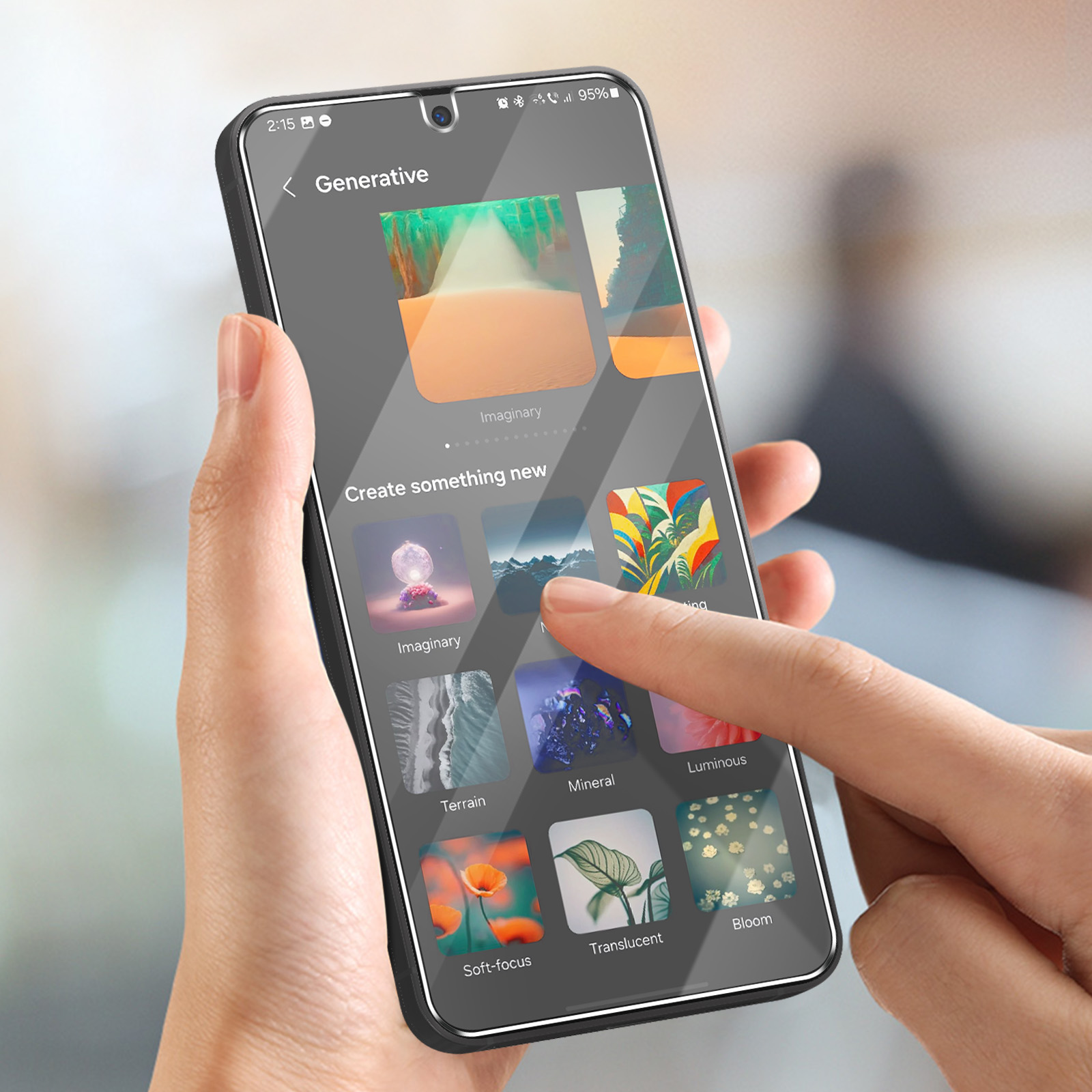 Osoba korzystająca z telefonu z generatywnym interfejsem AI. Telefon wyświetla opcje obrazu.