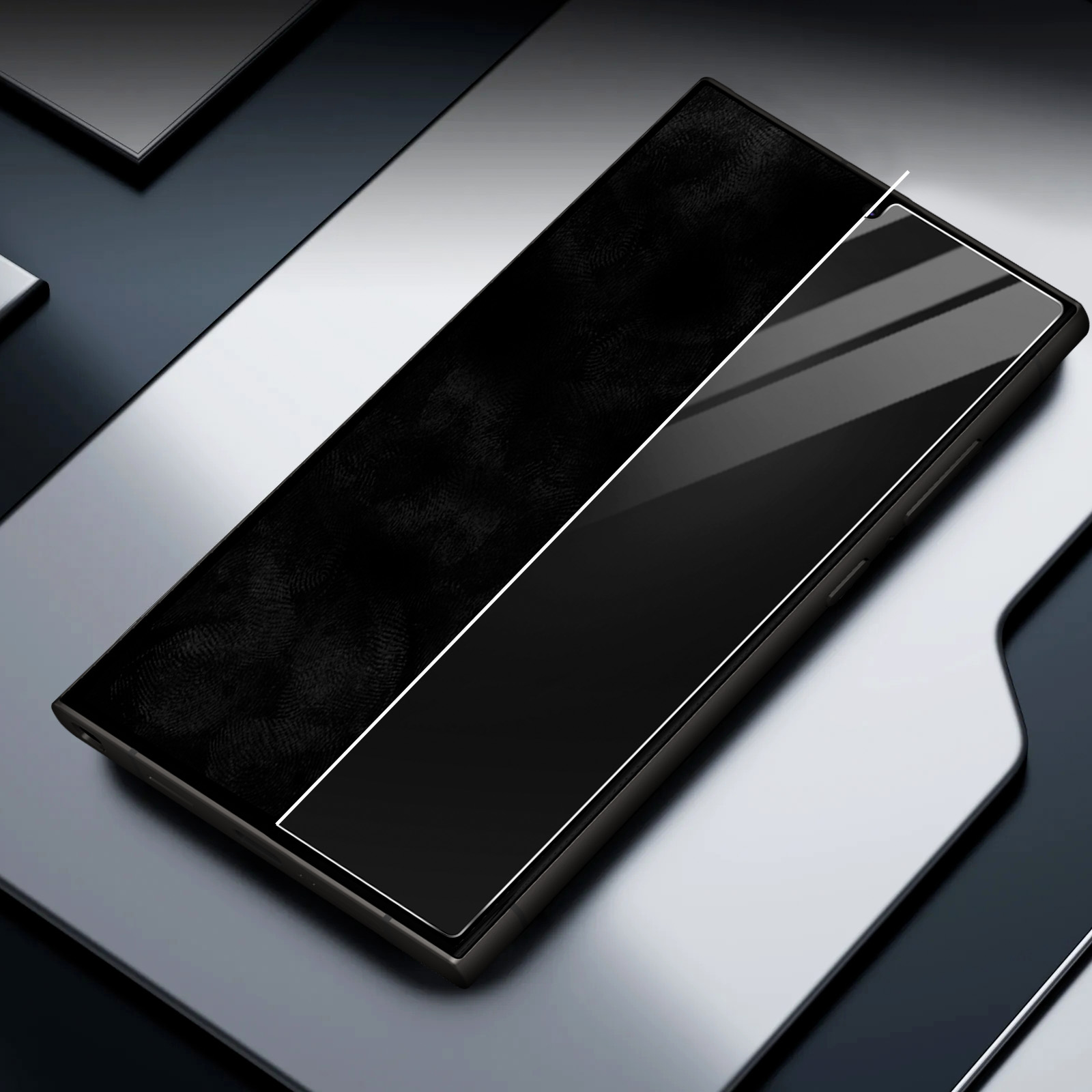 Wyświetlany jest smartfon z ochraniaczem ekranu. Ochraniacz ma błyszczącą i matową stronę z odciskami palców.