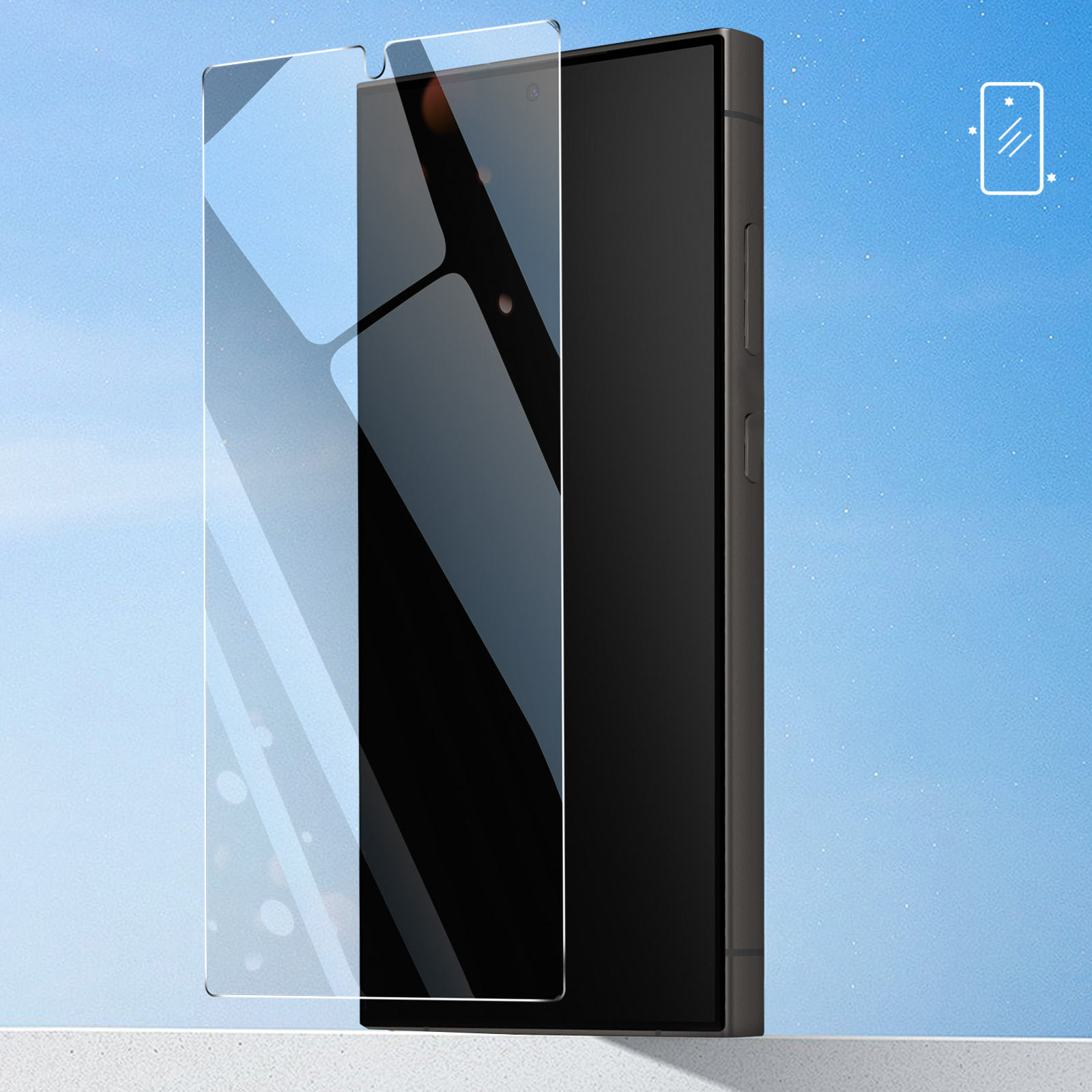 Smartfon z nałożonym ochraniaczem ekranu. Jasnoniebieskie tło nieba. Telefon jest czarny.