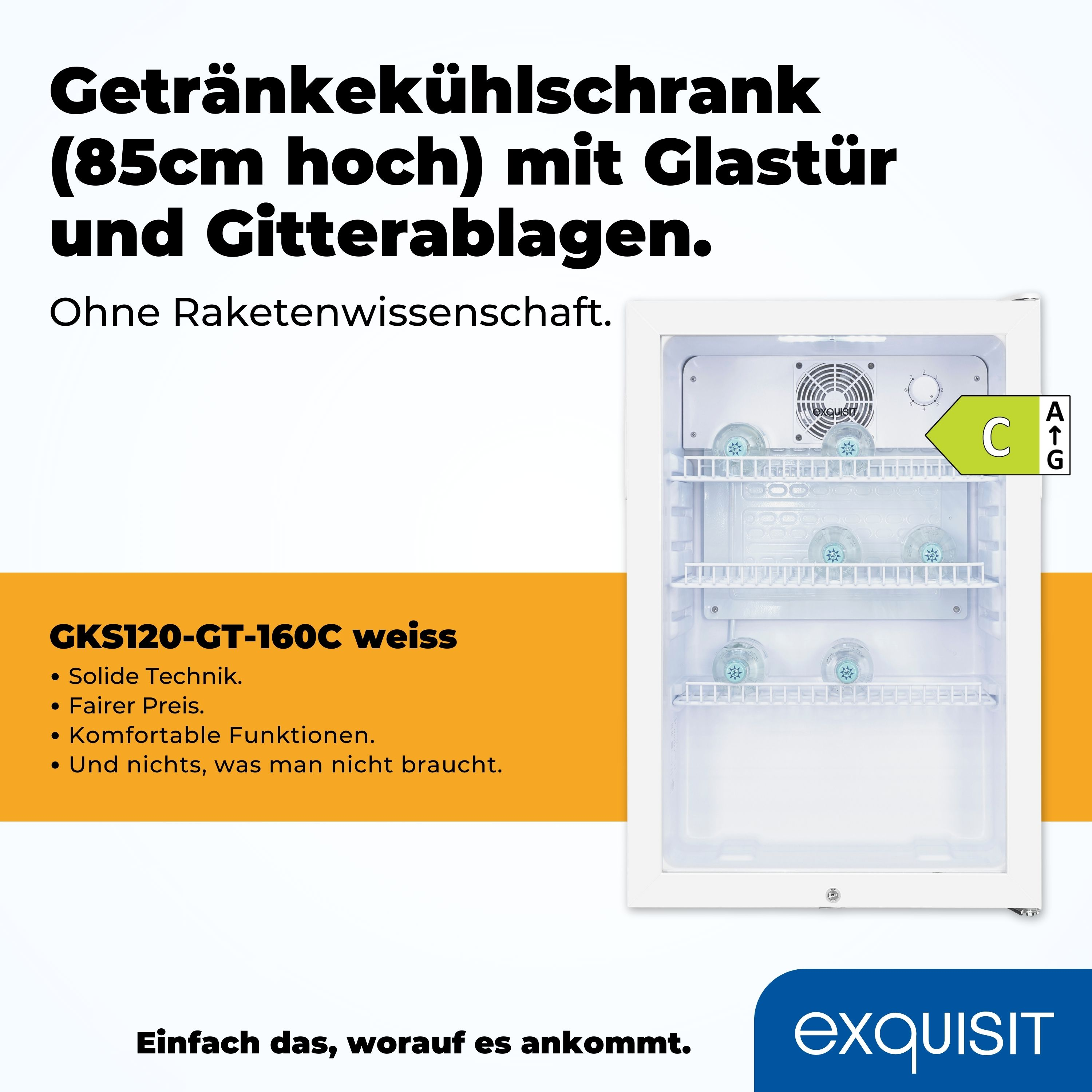 Weißer Minikühlschrank mit Glastür, Regalen und Energieetikett.