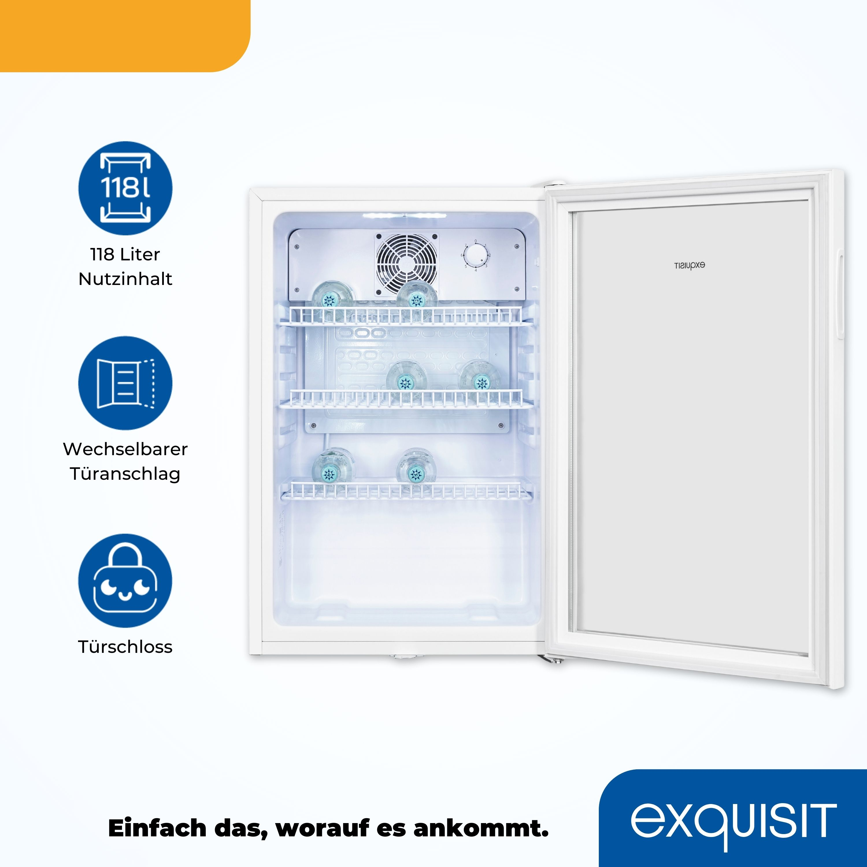 Weißer Kühlschrank mit offener Tür. Innen Regale und blaue Gegenstände. Text und Icons der Kühlschrankfunktionen.