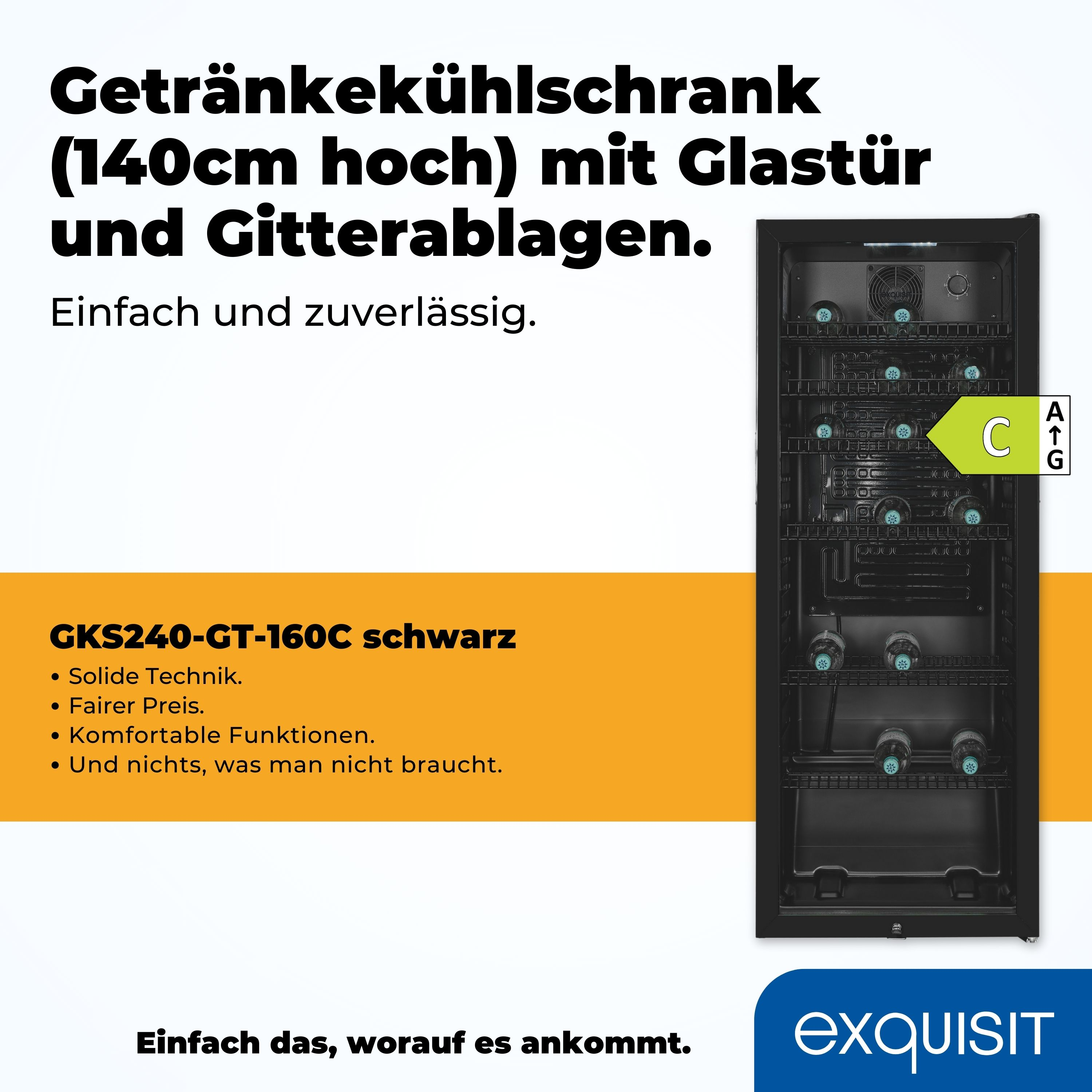 Schwarzer Getränkekühlschrank mit Glastür und Regalen.