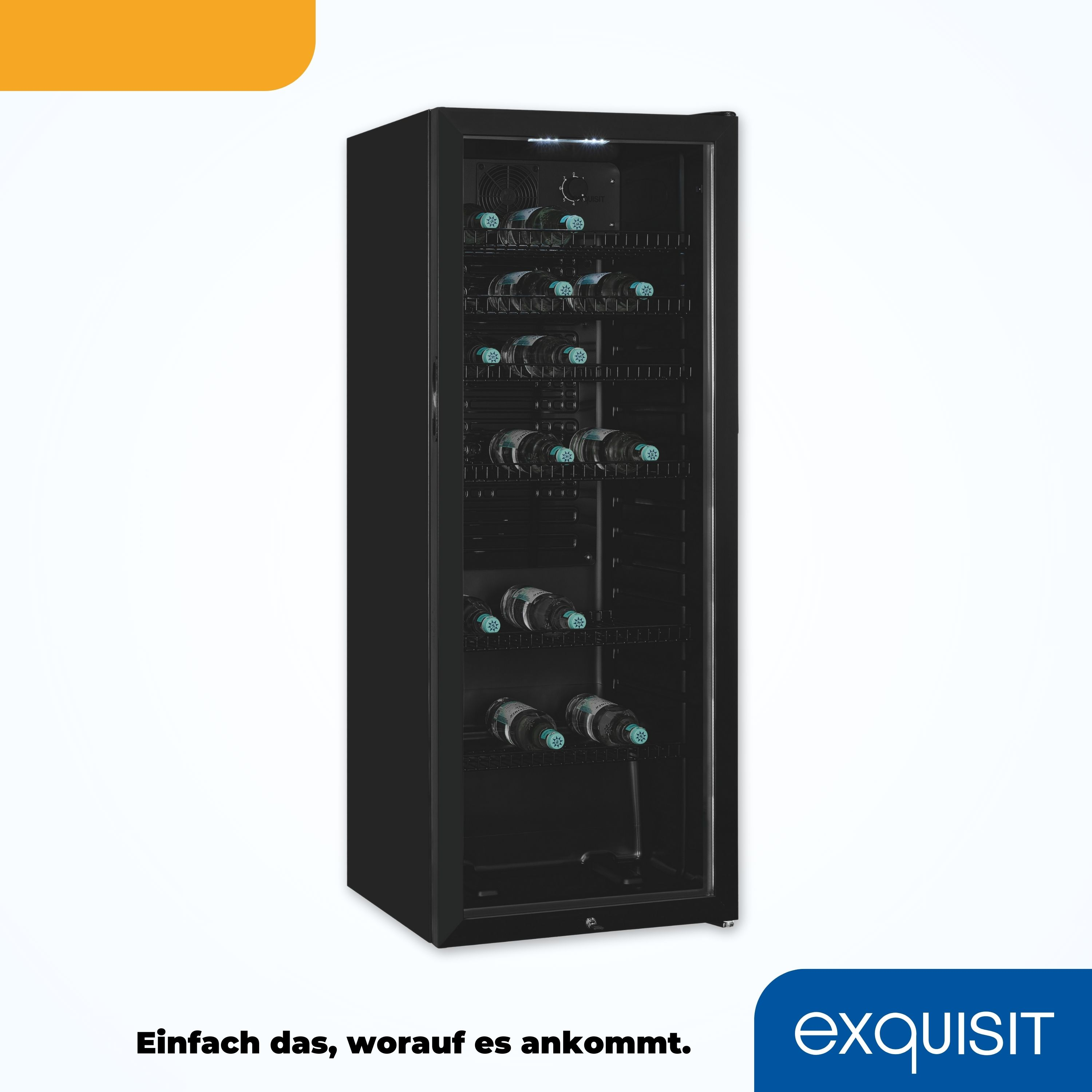 Schwarzer Weinkühler mit Glastür, hält Weinflaschen. Text: Exquisit.