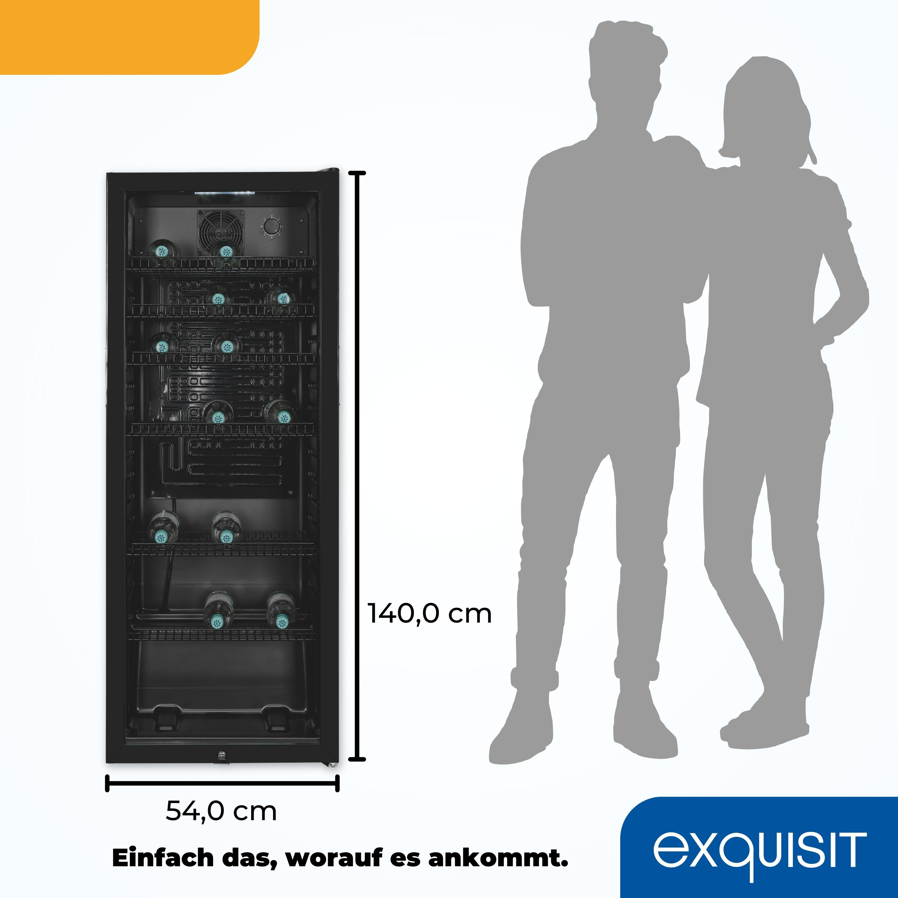 Schwarzer Weinkühler mit Flaschen im Inneren und eine Silhouette von zwei Personen daneben.