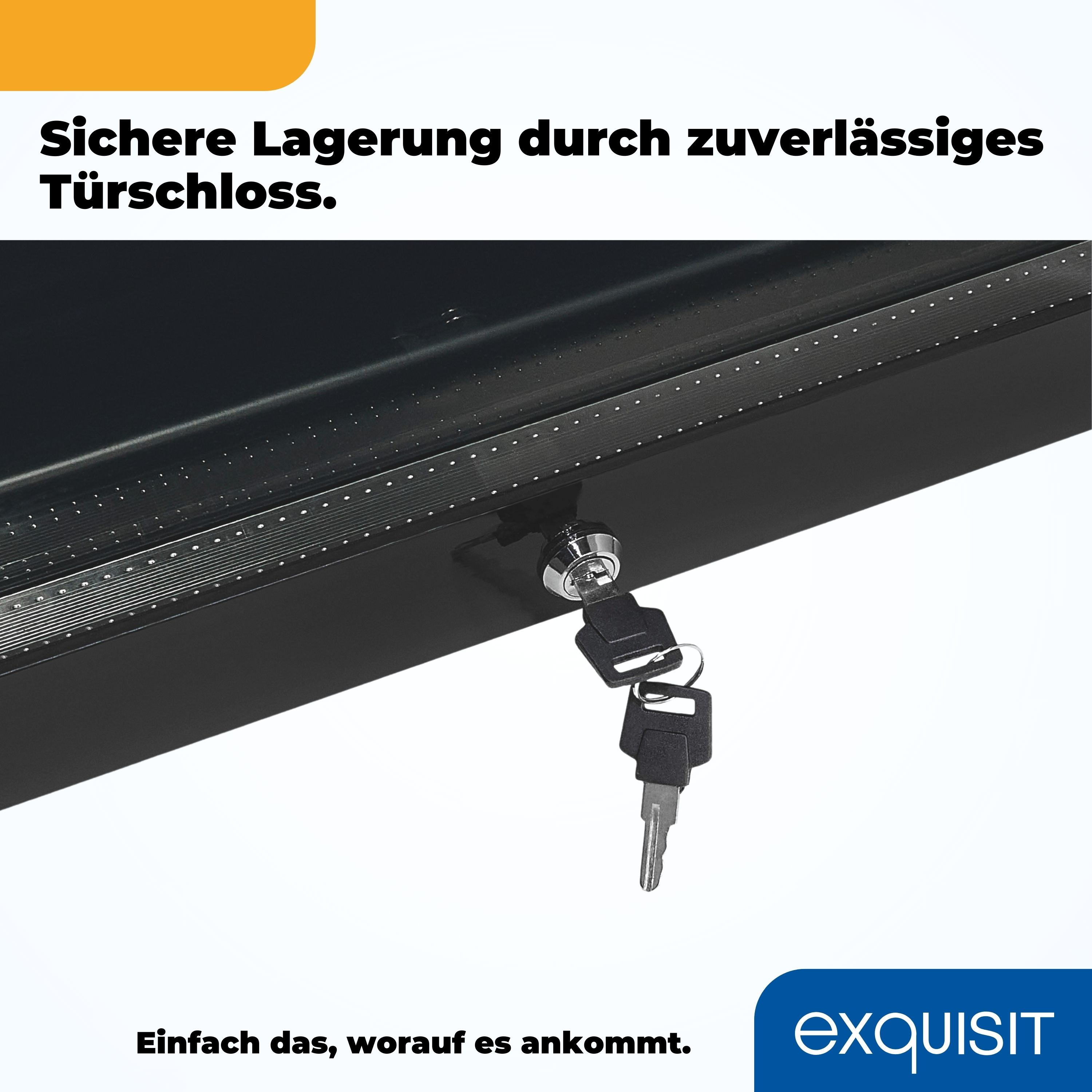 Schwarzer Schrank mit zwei Schlüsseln und Text, weißer Hintergrund.