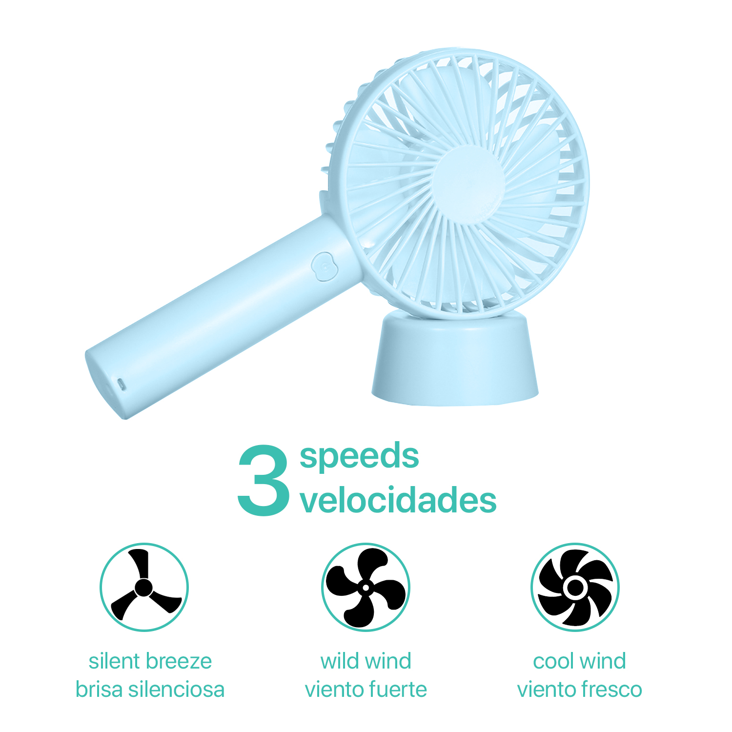 Ventilador portátil azul con tres ajustes de velocidad e iconos de modos de viento.
