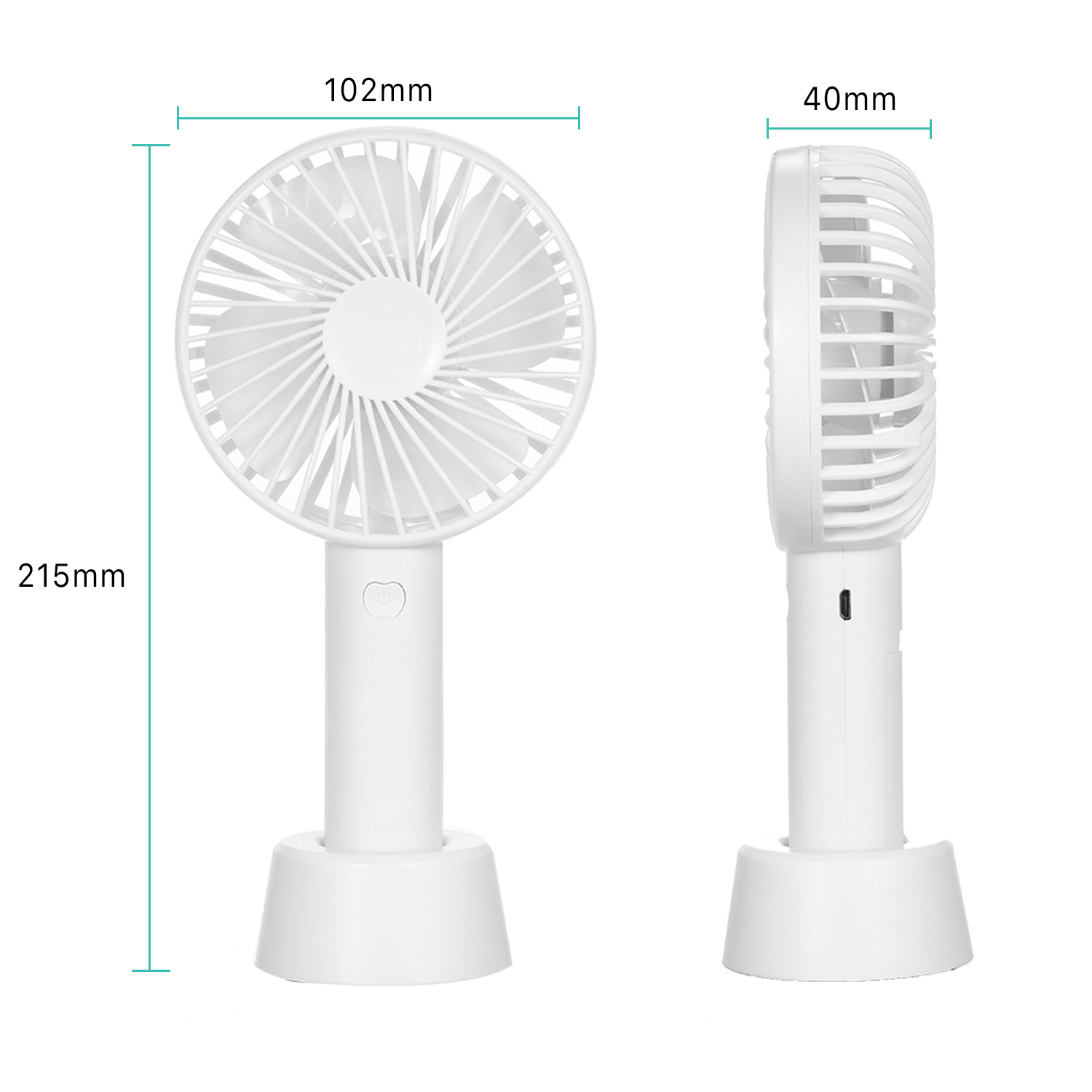 Ventilatore portatile bianco con dimensioni: 215 mm altezza, 102 mm larghezza e 40 mm spessore.