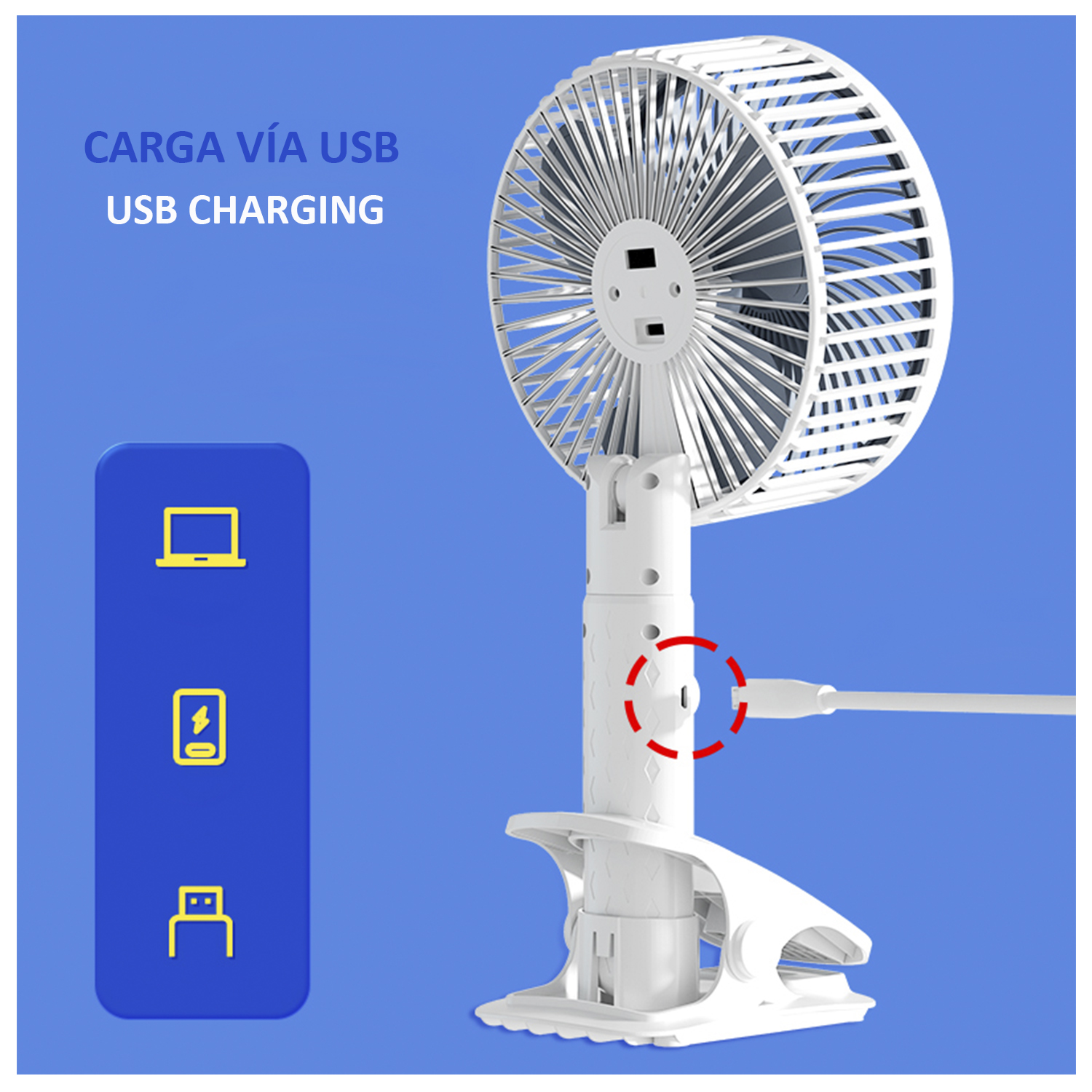 Un ventilador USB blanco con iconos azules y el texto 'CARGA VÍA USB' y 'USB CHARGING'.