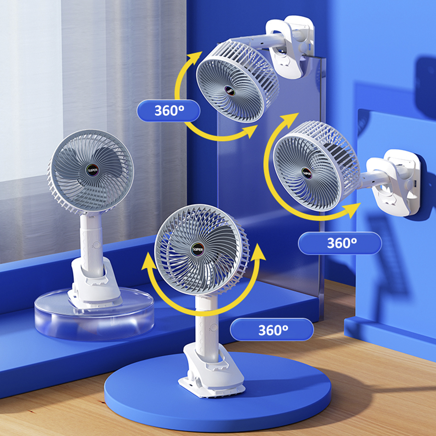 Pequeños ventiladores sobre soportes, mostrando rotación de 360 grados. Fondo azul.