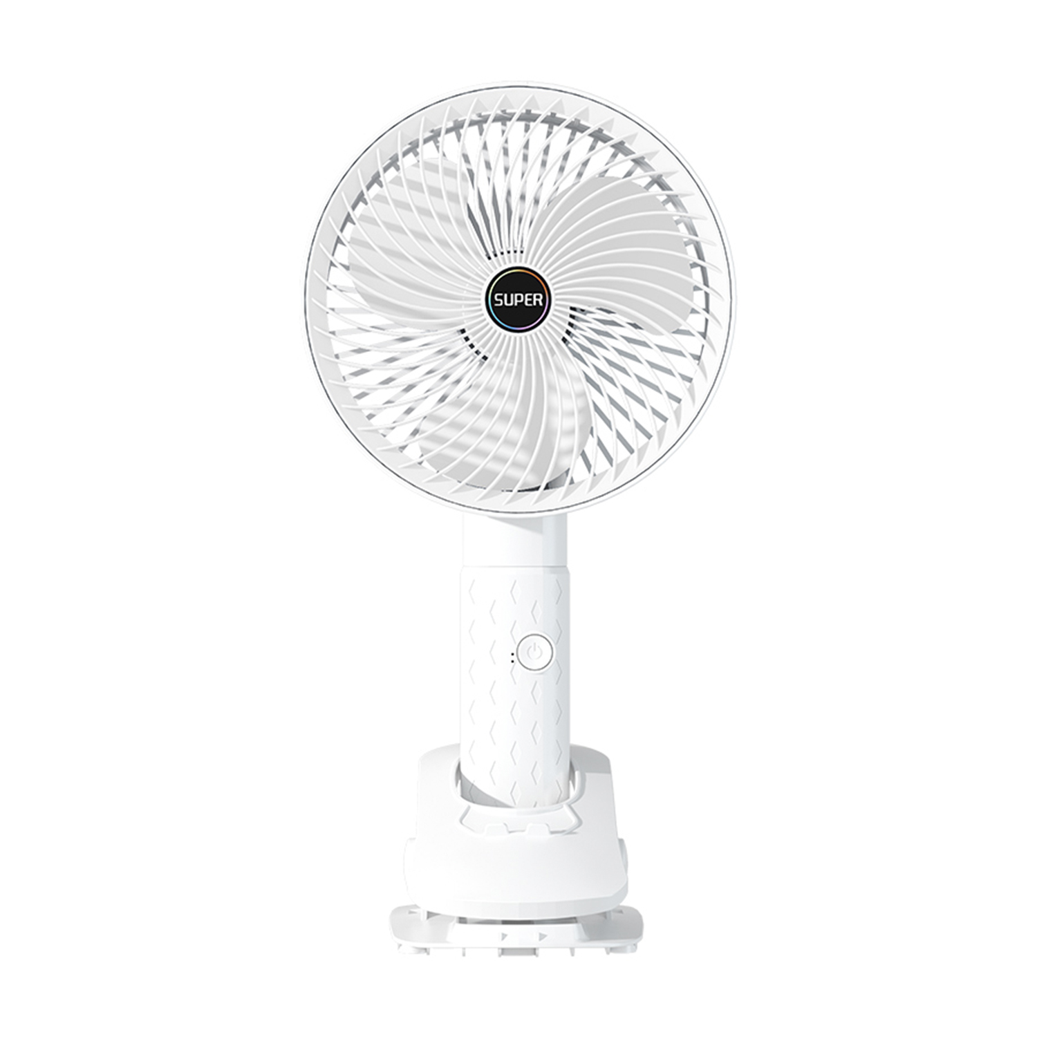 Un ventilador portátil blanco con un clip. El ventilador tiene un protector de cuchillas circular y un panel de control con botones.