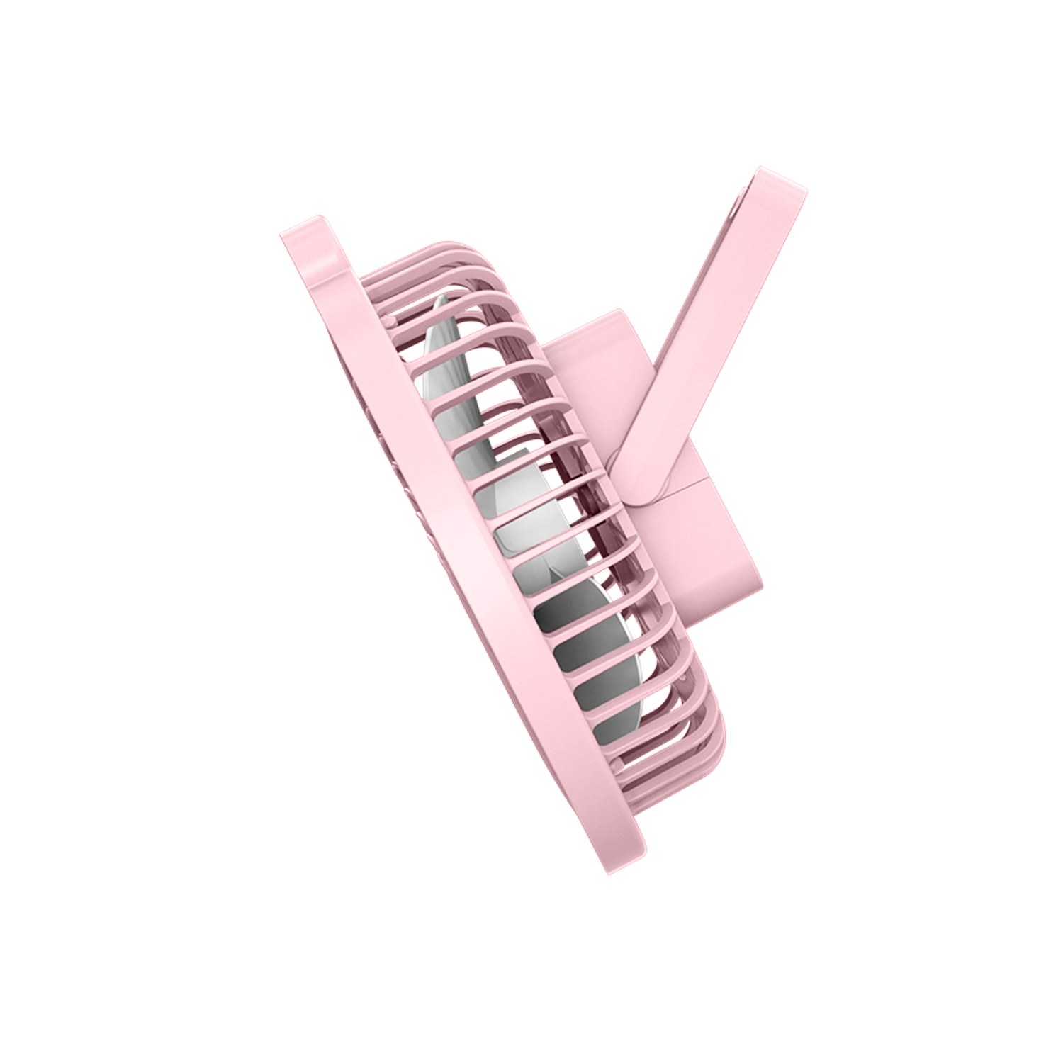 Un ventilatore rosa, angolato lateralmente.