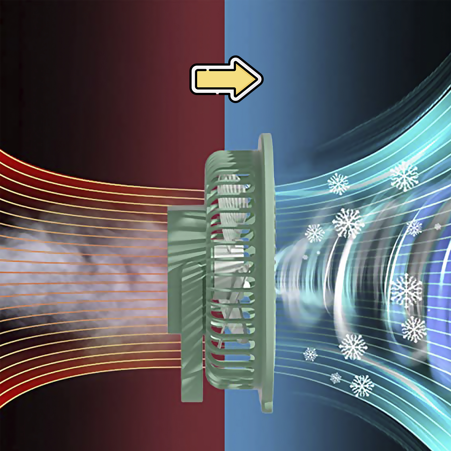 Ventilatore con pale. Visualizzazione del flusso d'aria con una freccia gialla. Sfondo rosso e blu.