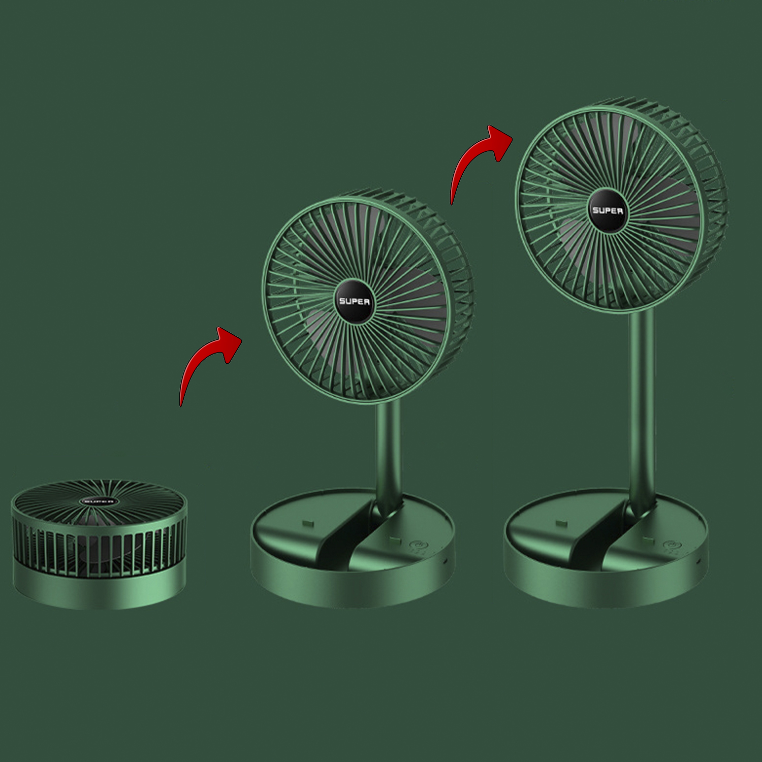 Tre ventole verdi sono visualizzate in diverse configurazioni su uno sfondo verde scuro.