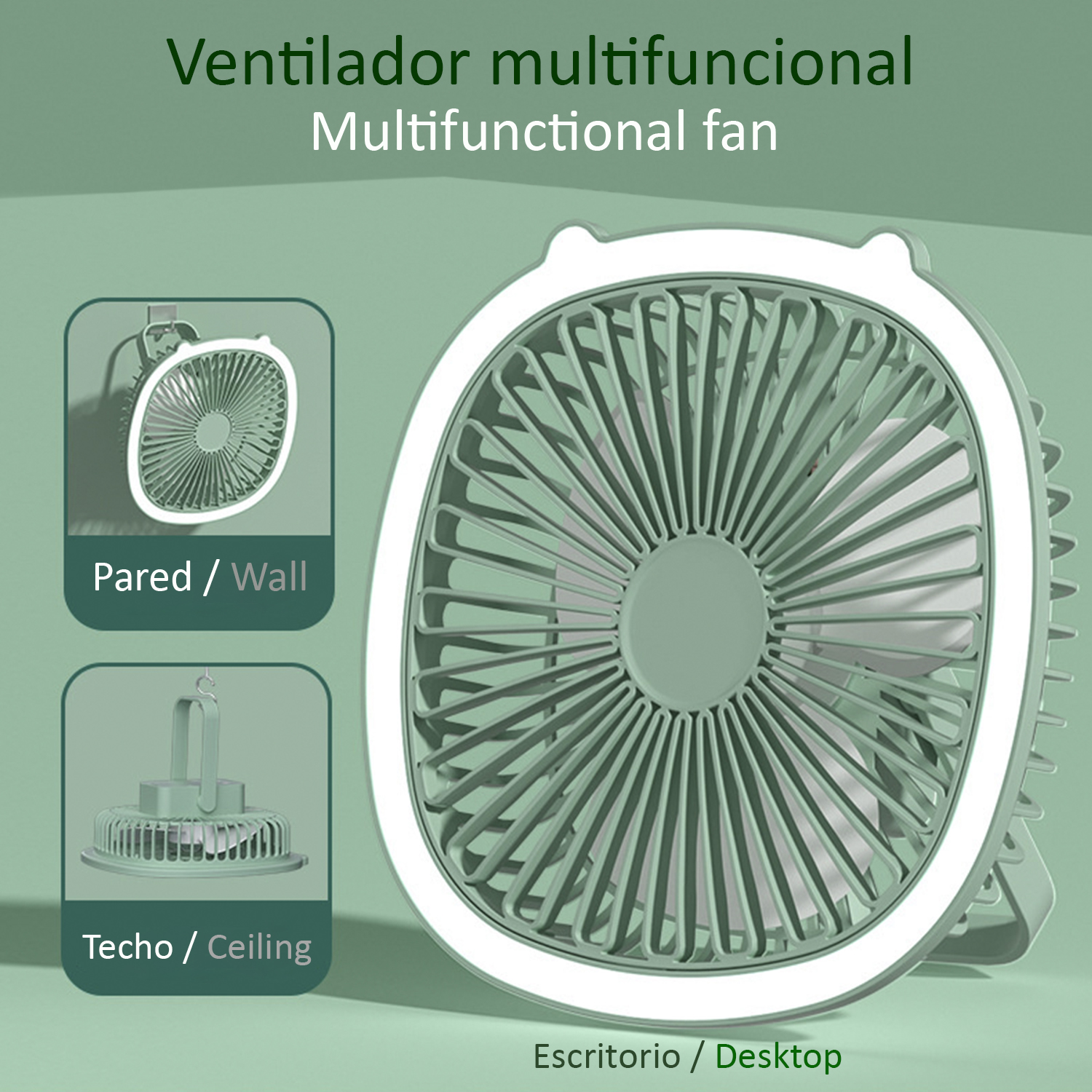 Un ventilatore multifunzionale verde, mostrato come opzioni a parete, soffitto e scrivania.