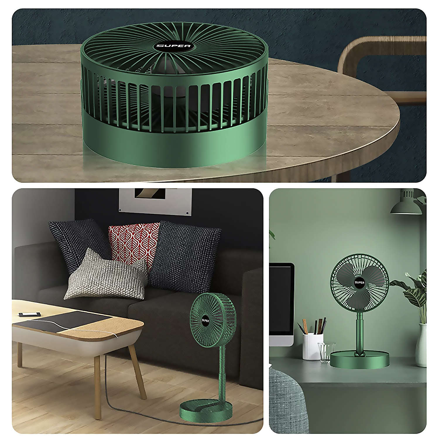 Diverse viste di un ventilatore portatile verde su un tavolo, un divano e una scrivania.