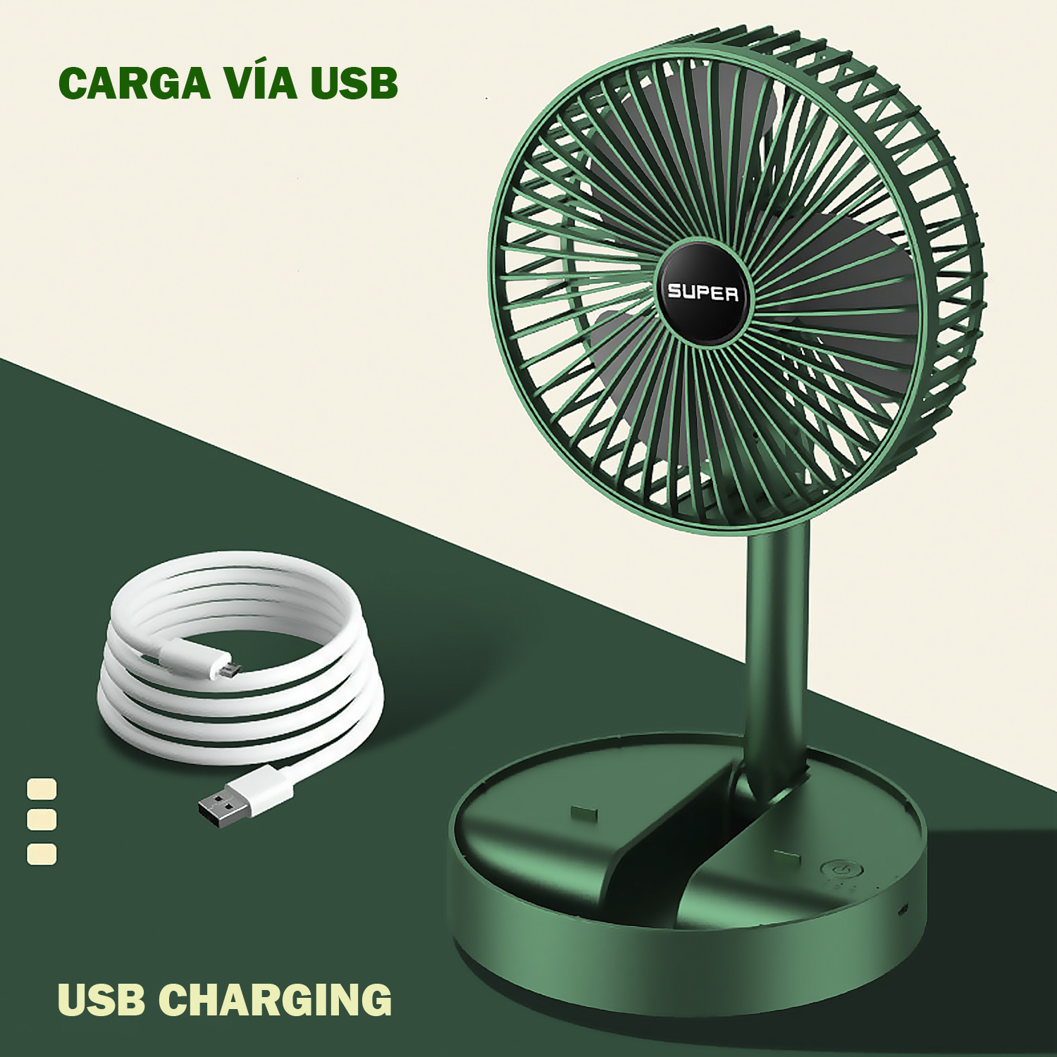 Ventilatore USB verde con cavo di ricarica. Il testo indica ricarica USB. Sfondo verde e bianco.