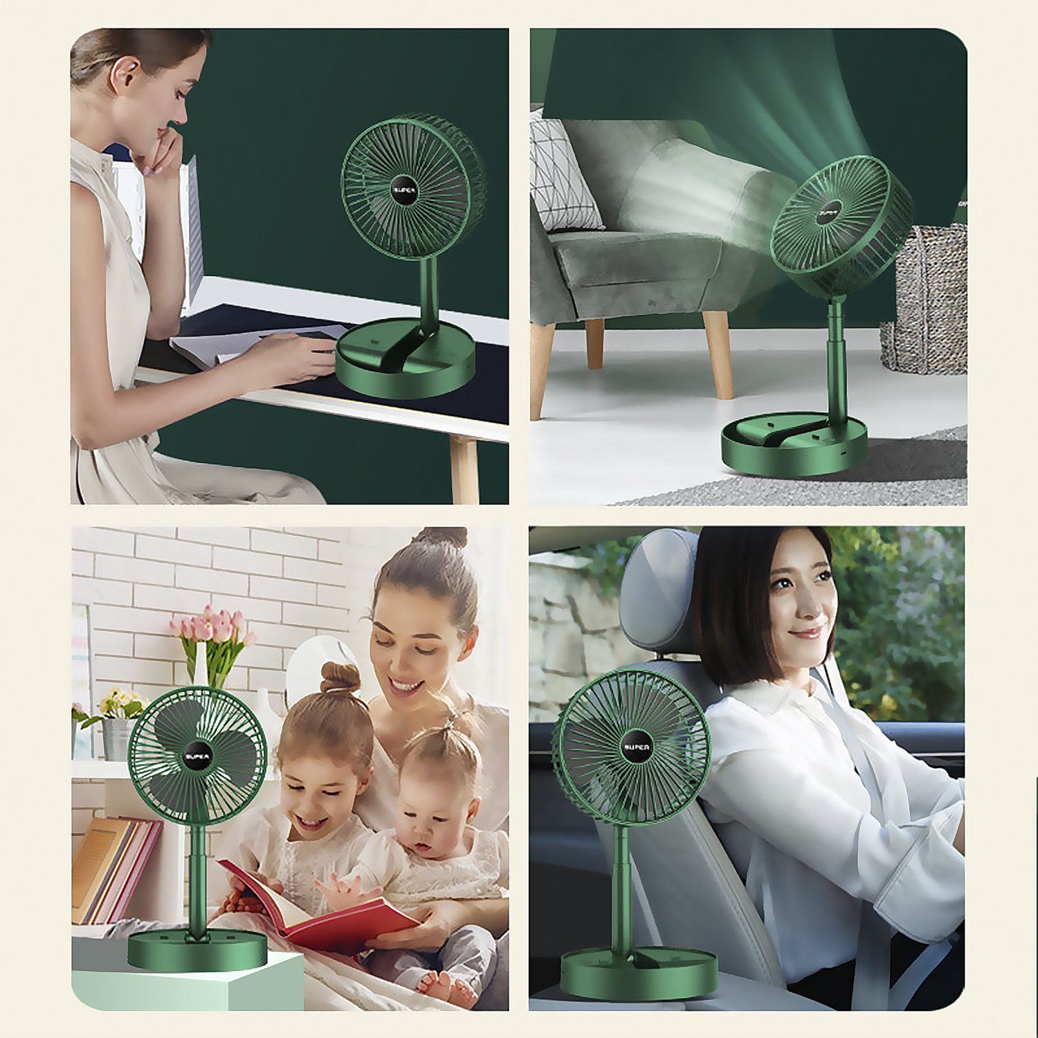 Scene multiple con un ventilatore pieghevole verde. Le persone lo usano in contesti diversi. Ventilatore.