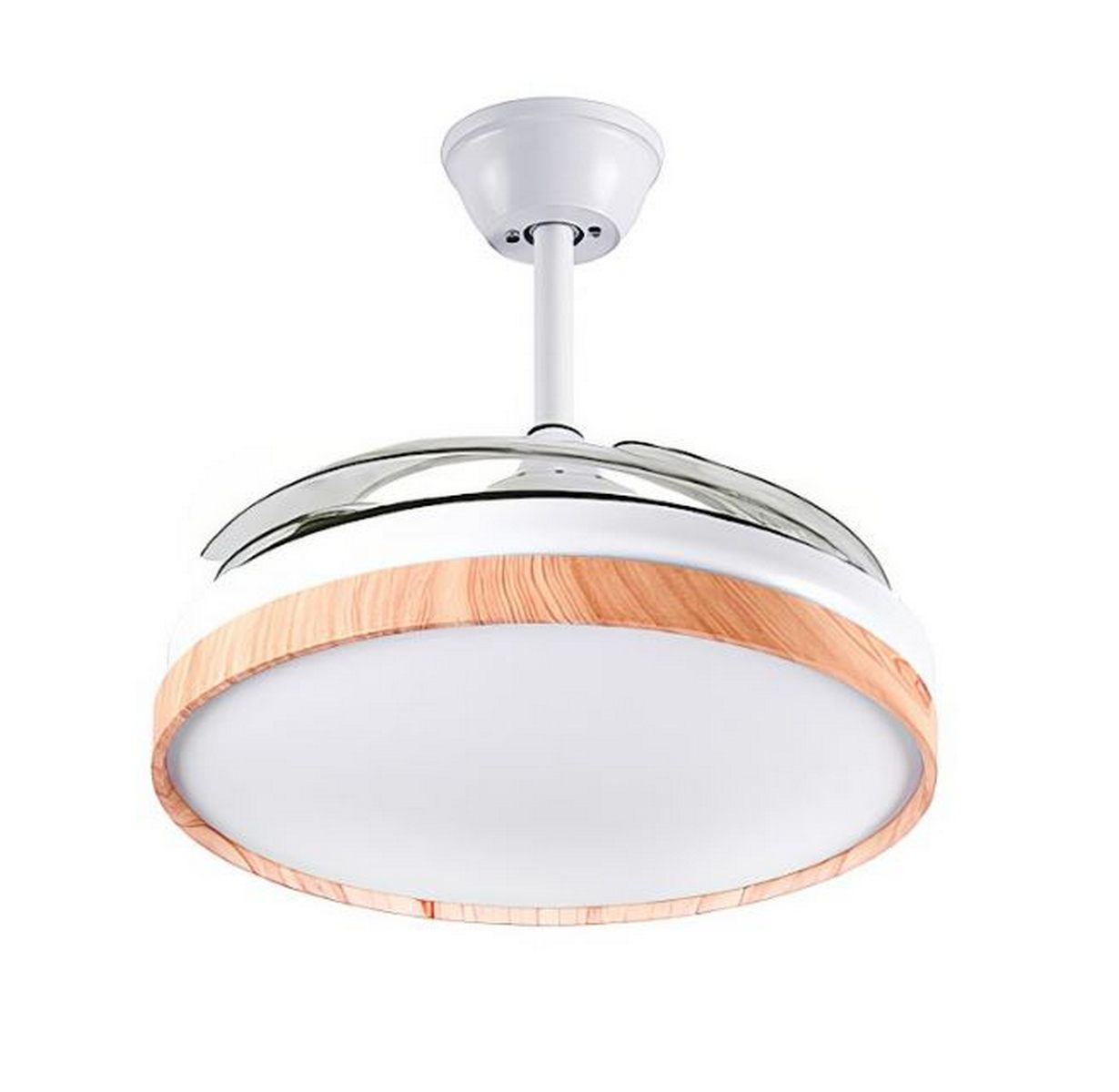 Un ventilador de techo blanco con borde de madera y plata.