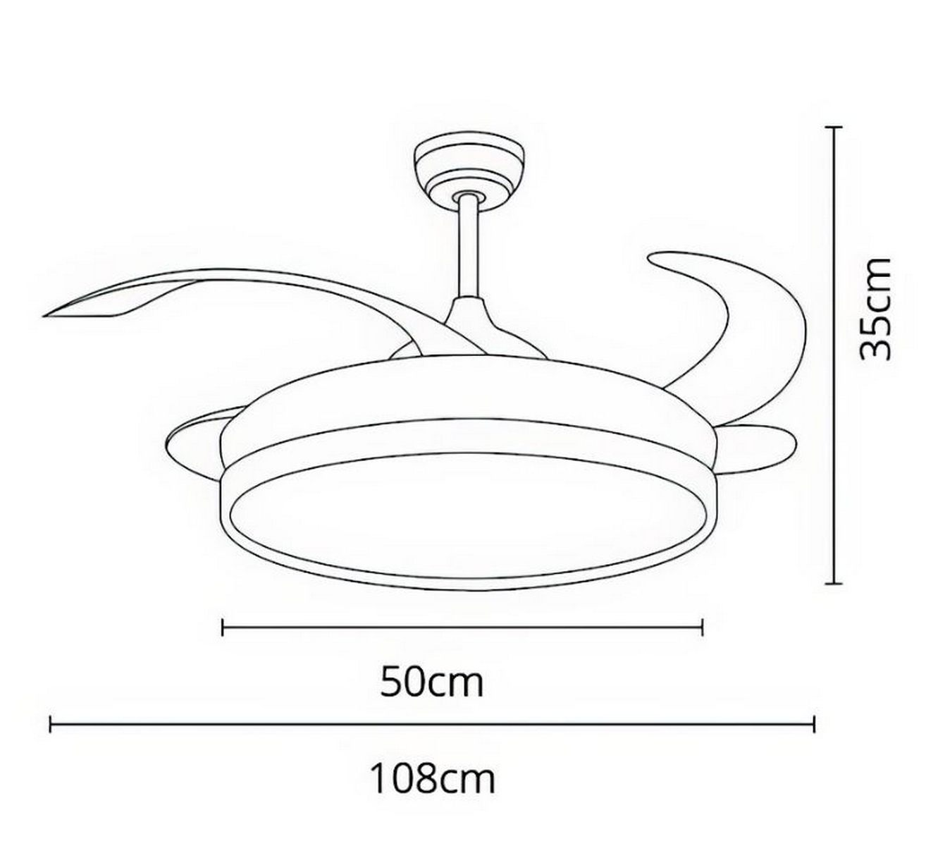 Un diagrama de ventilador de techo con medidas.