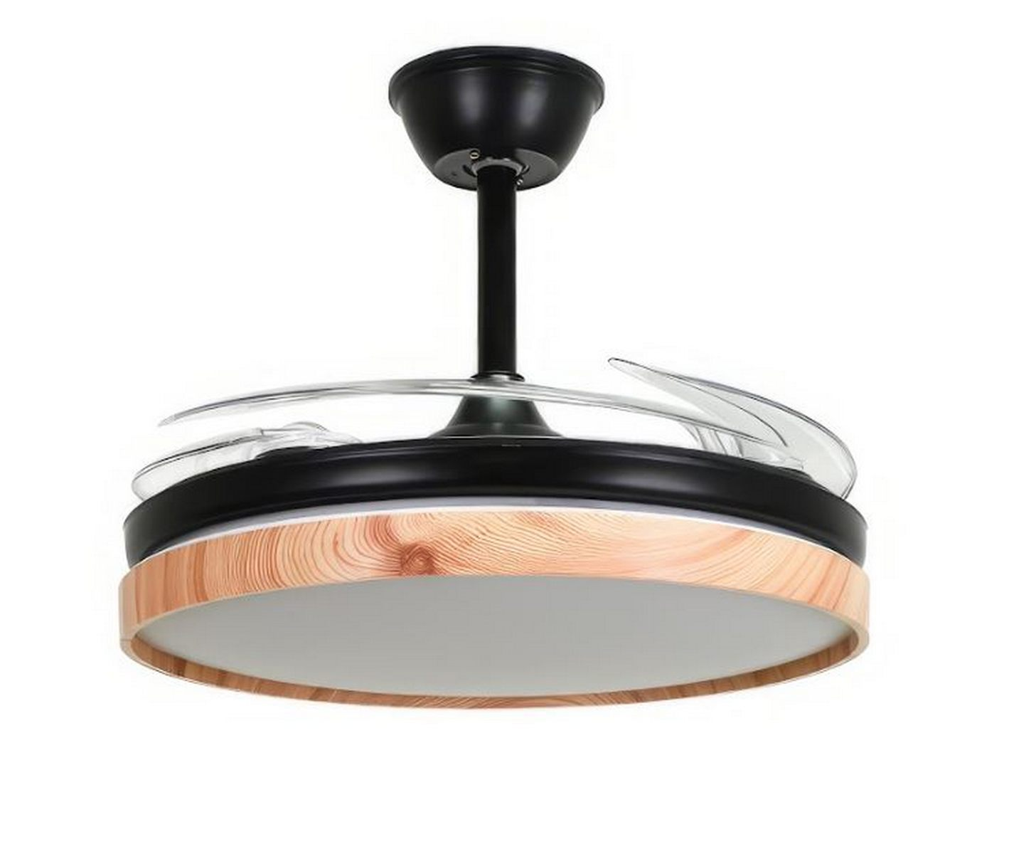 Ventilador de techo negro con acento de madera y luz, mostrando aspas y diseño.